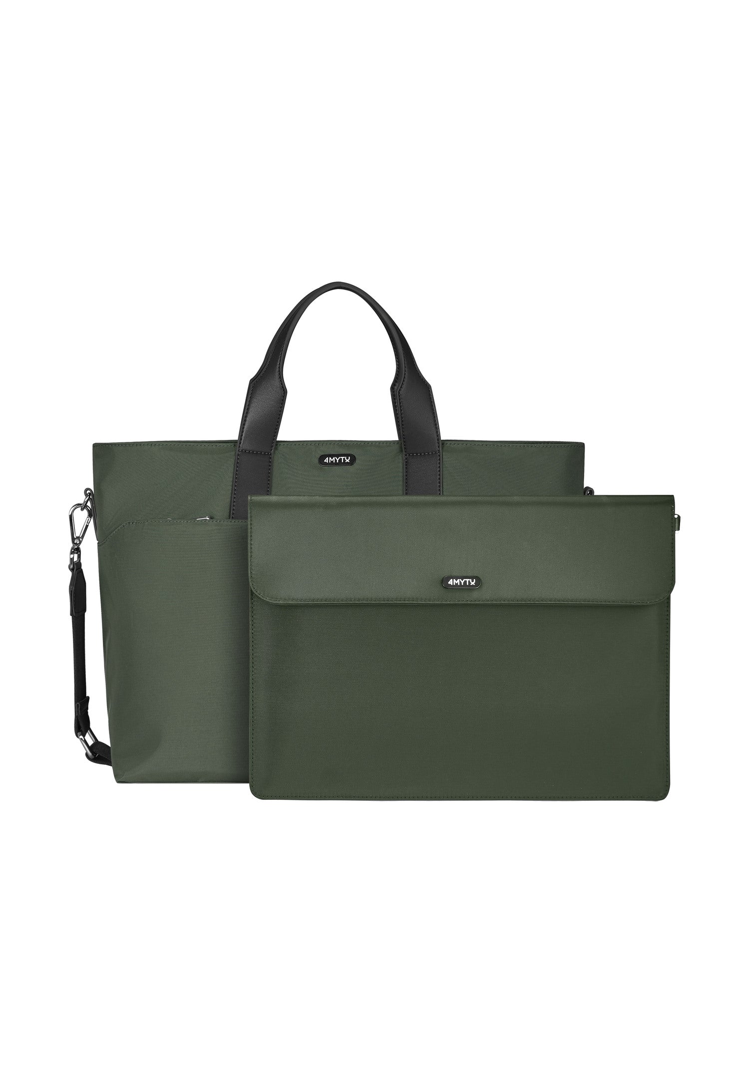 Stylish green tote bag with detachable laptop sleeve and zipper for secure storage.