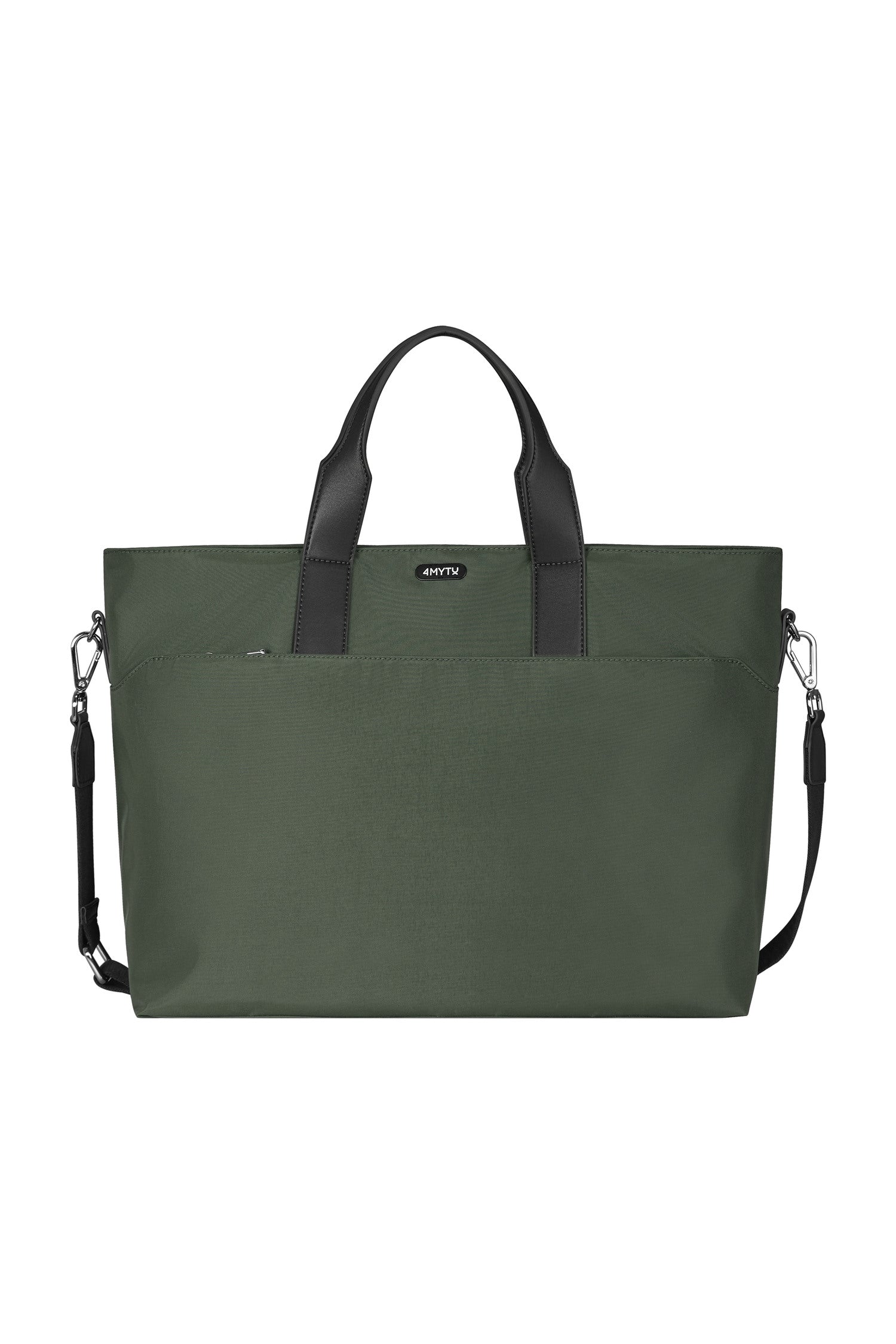 Water-resistant green tote bag with leather trim for secure travel.