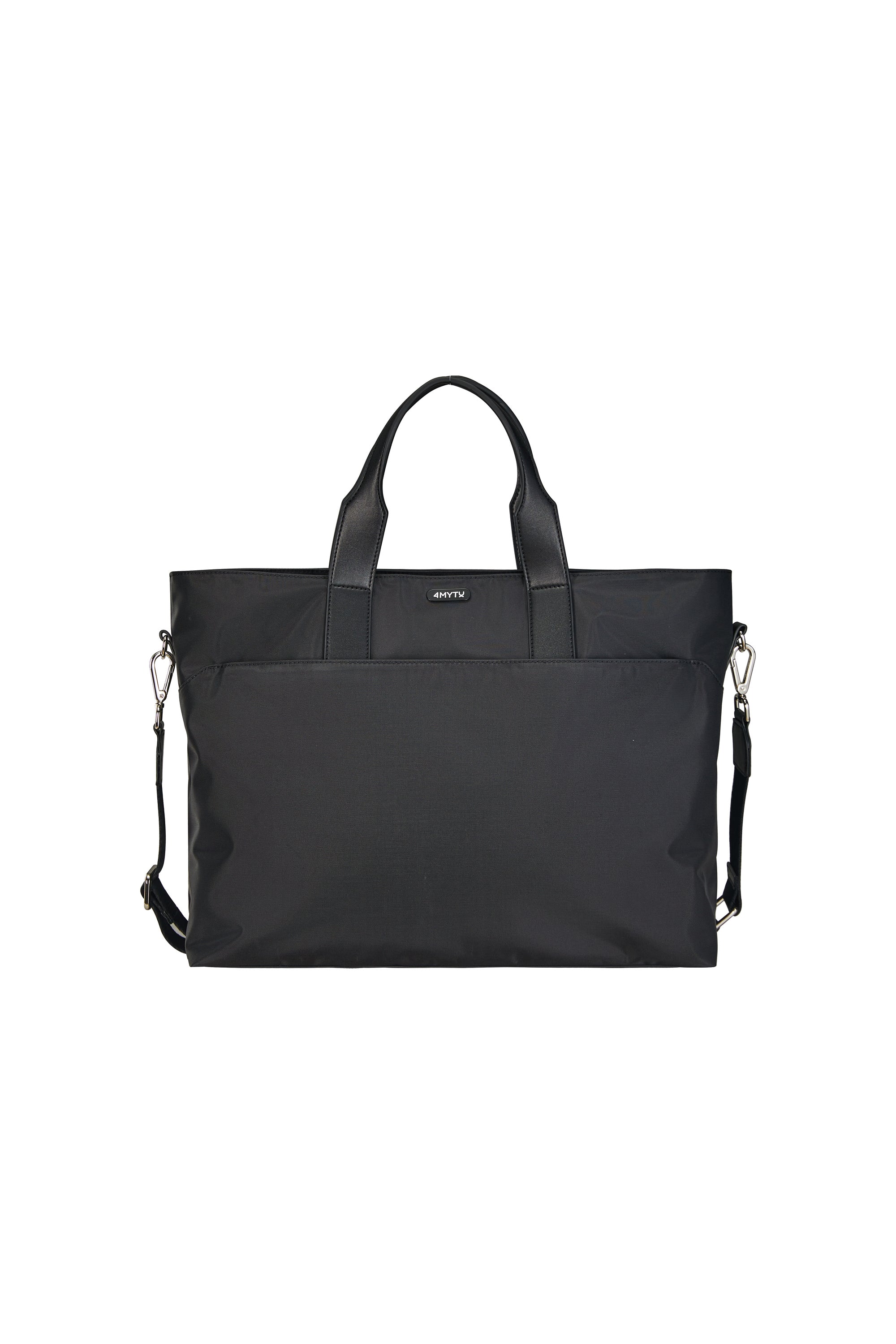 Versatile Jet Black tote bag with top zipper for secure travel and detachable pouch.