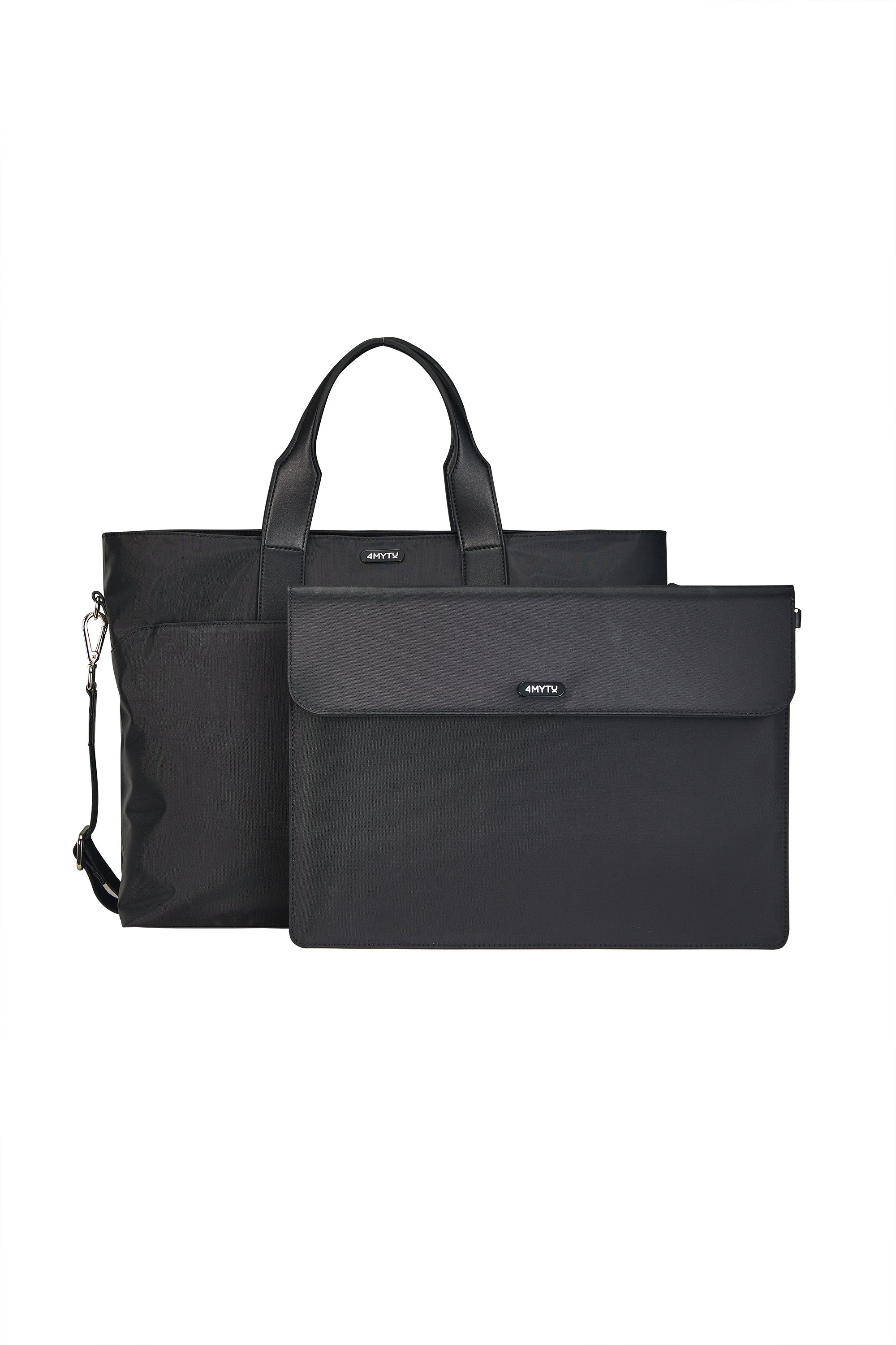 Jet Black tote bag with top zipper and detachable pouch for secure travel.