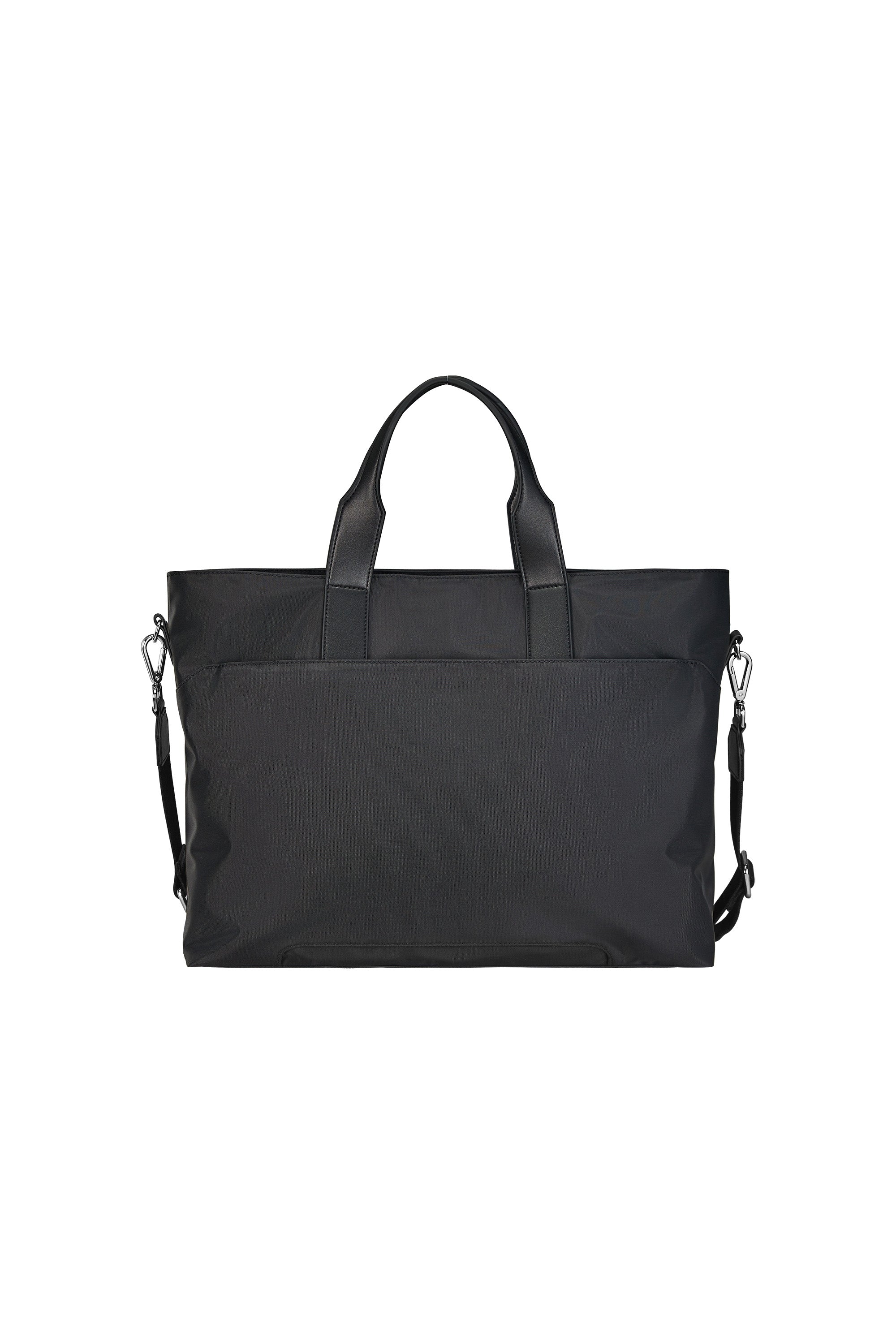 Jet Black tote bag with top zipper and adjustable strap for travel convenience.