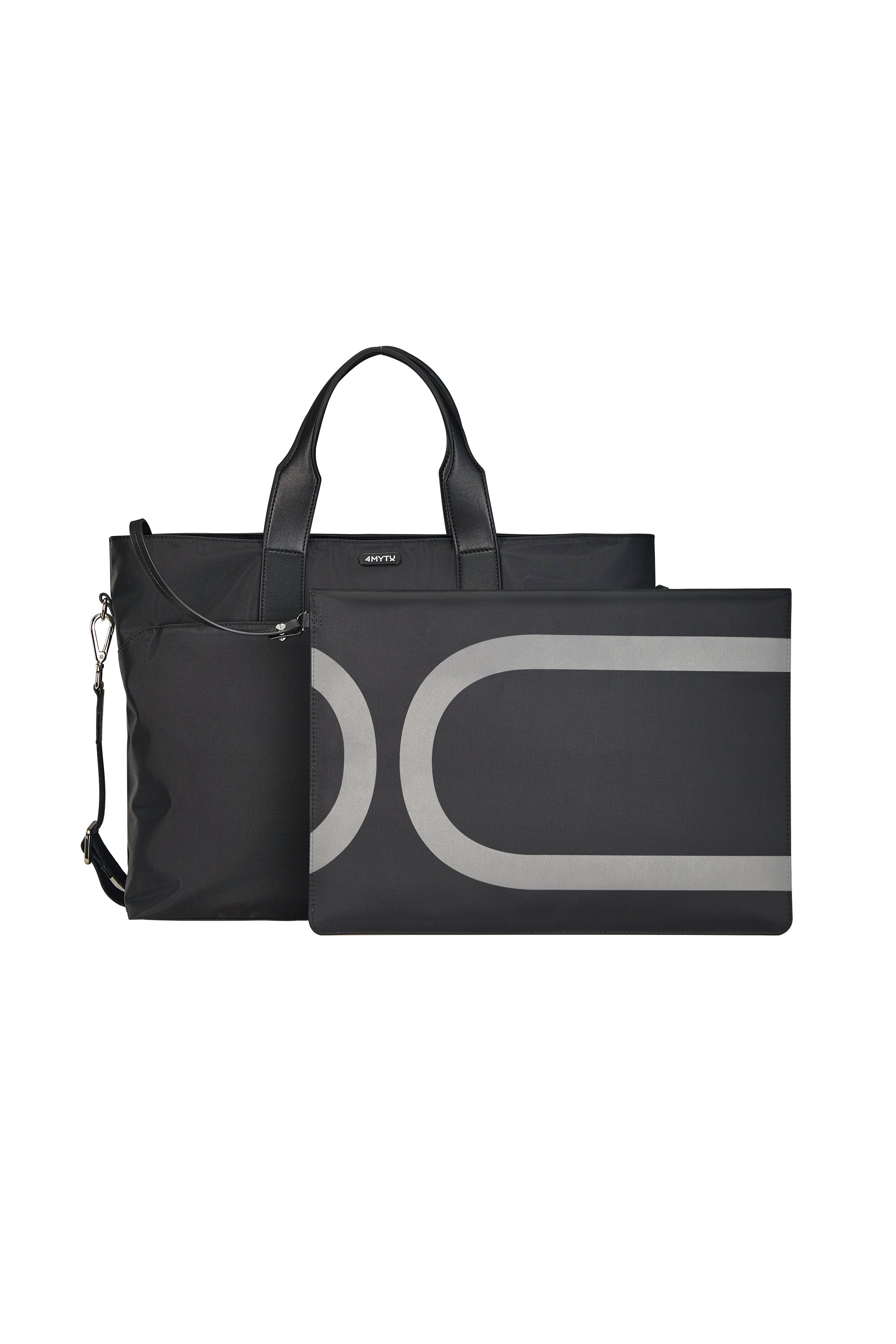 Jet Black tote bag with top zipper and detachable pouch for versatile travel.
