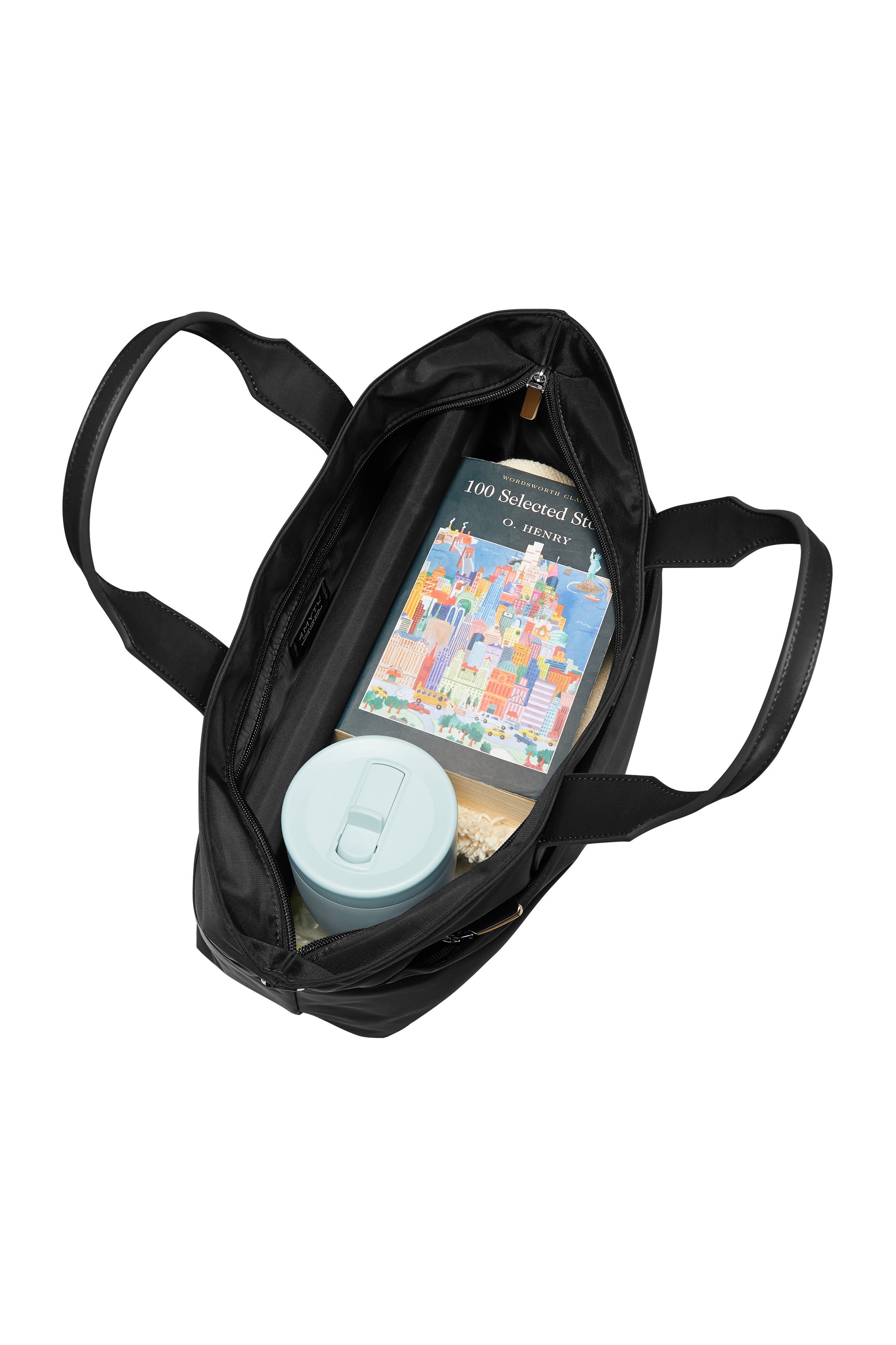 Jet Black tote bag with secure top zipper, holding a notebook and water bottle.