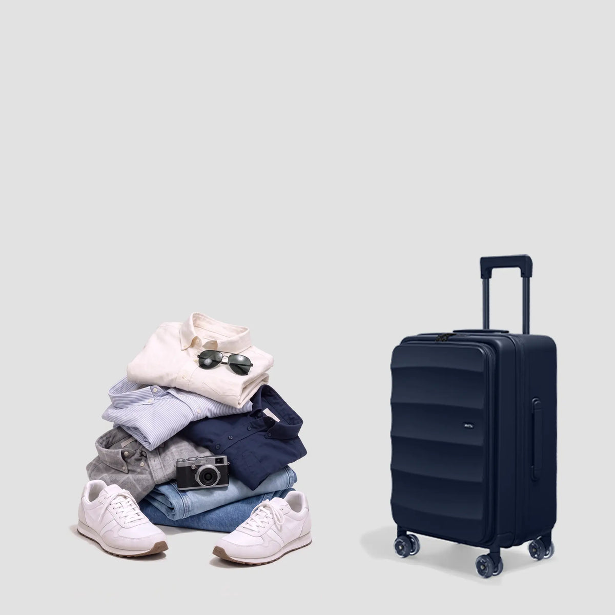 Tank Lite Carry On in Deep Navy with packed travel items