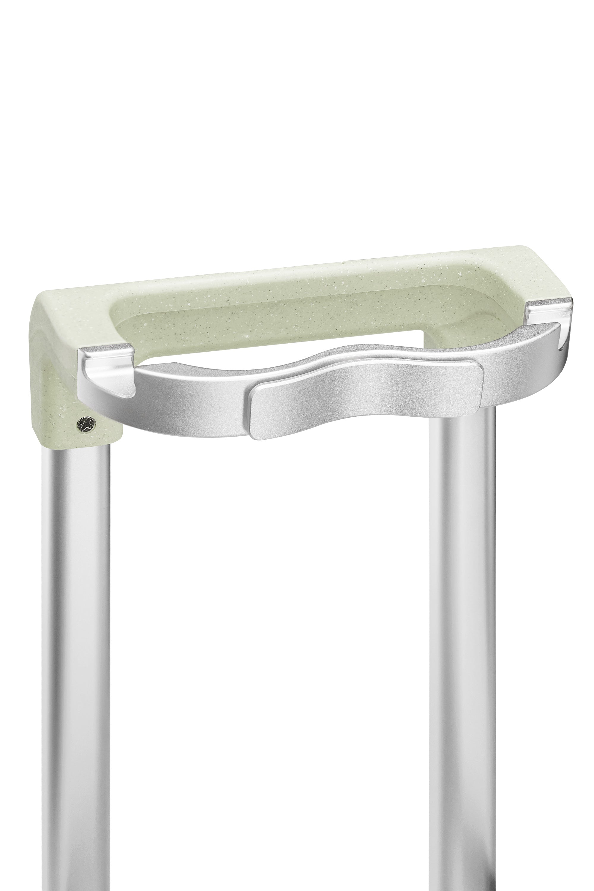 Ergonomic mint green handle on 4MYTU luggage for easy lifting and carrying.