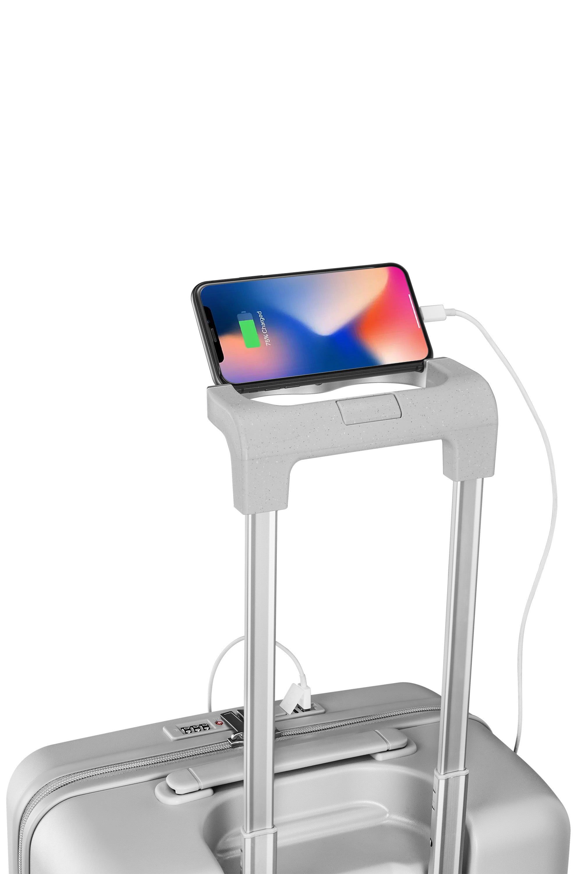 Sandstorm 4MYTU suitcase with ergonomic handle and built-in phone charging feature.