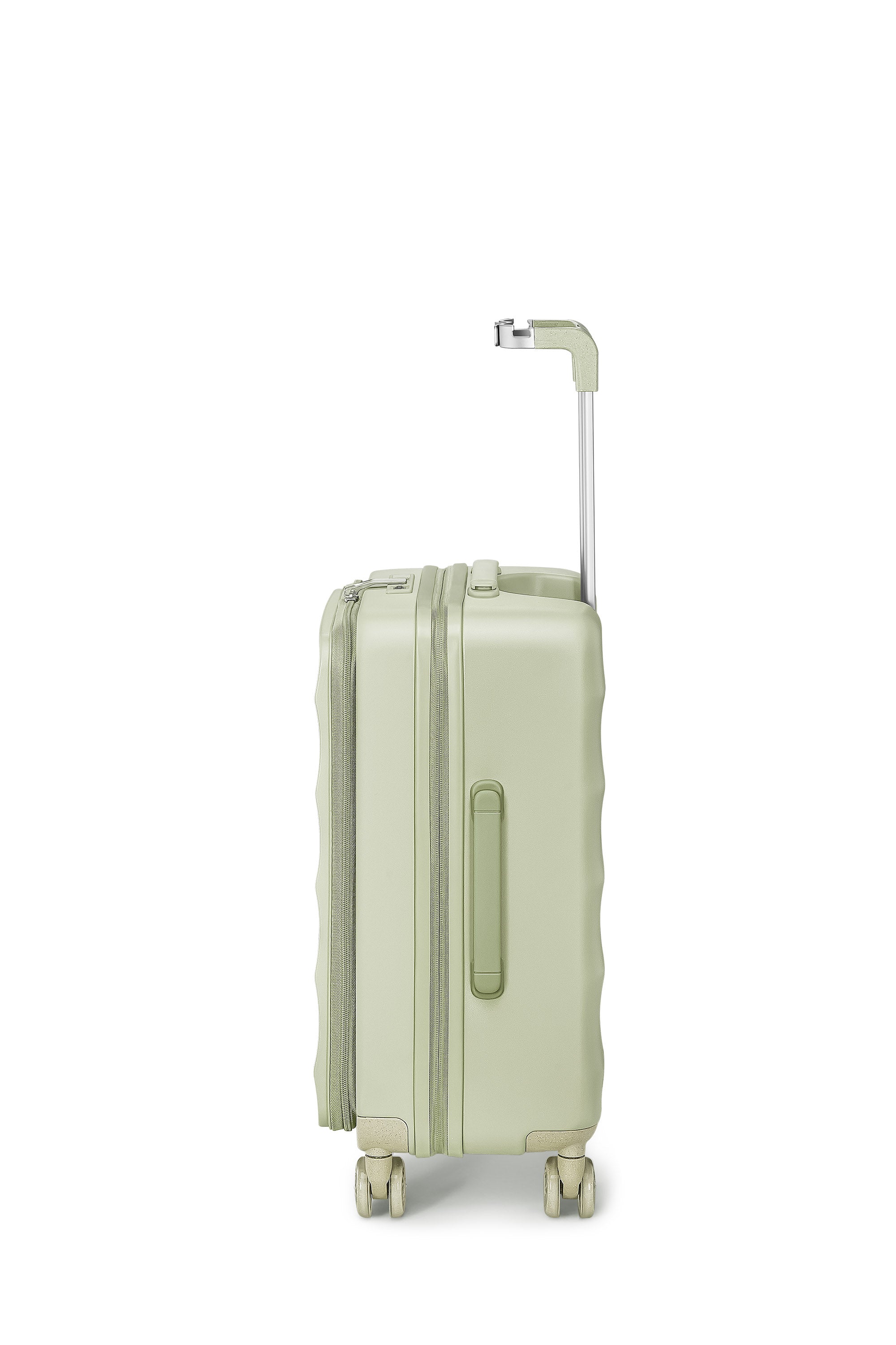 Mint green Bigger Tank Carry-On luggage side view with 360° wheels and sleek design.