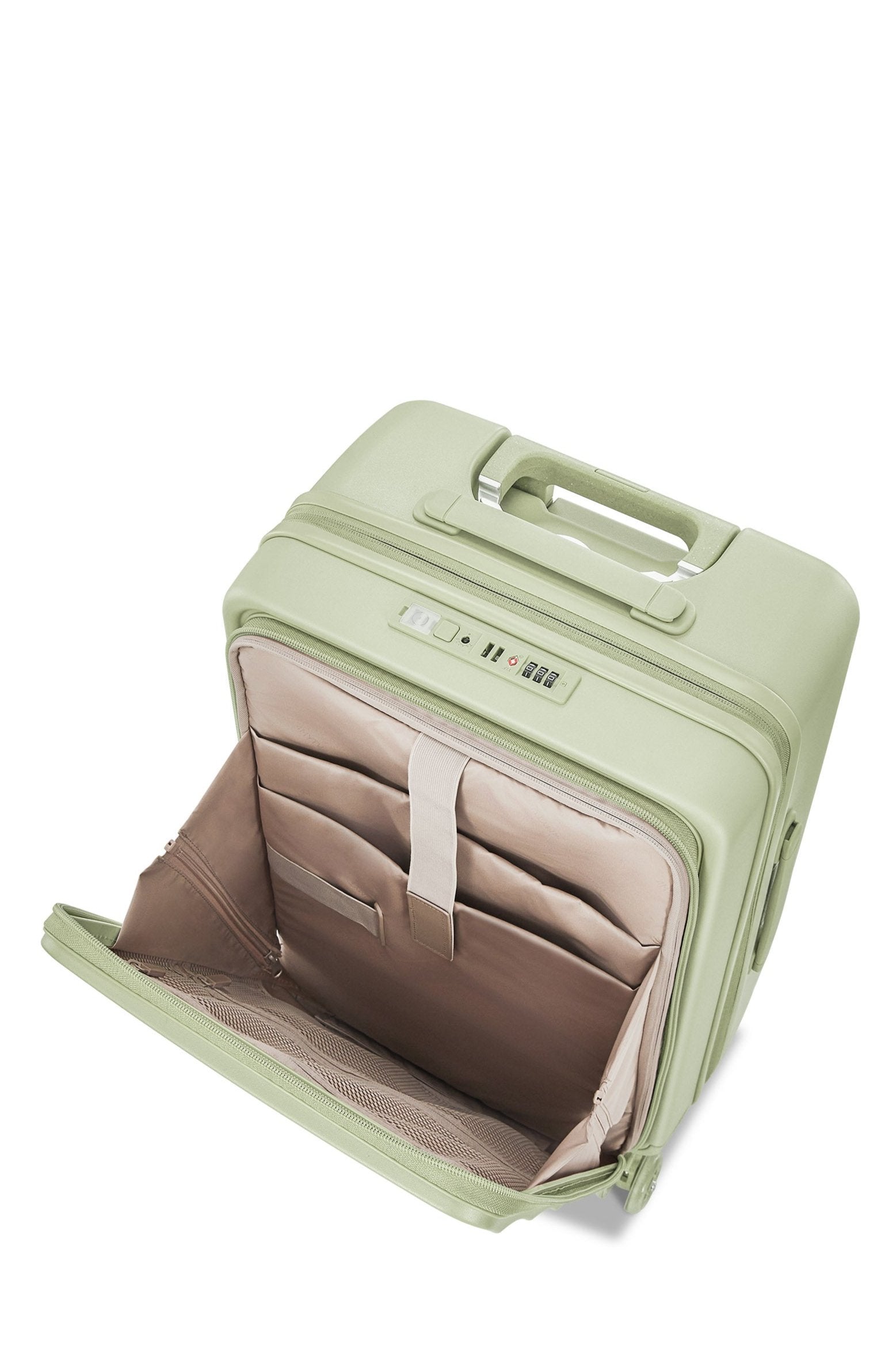 Open mint green Bigger Tank Carry-On showing spacious interior and organizational pockets.