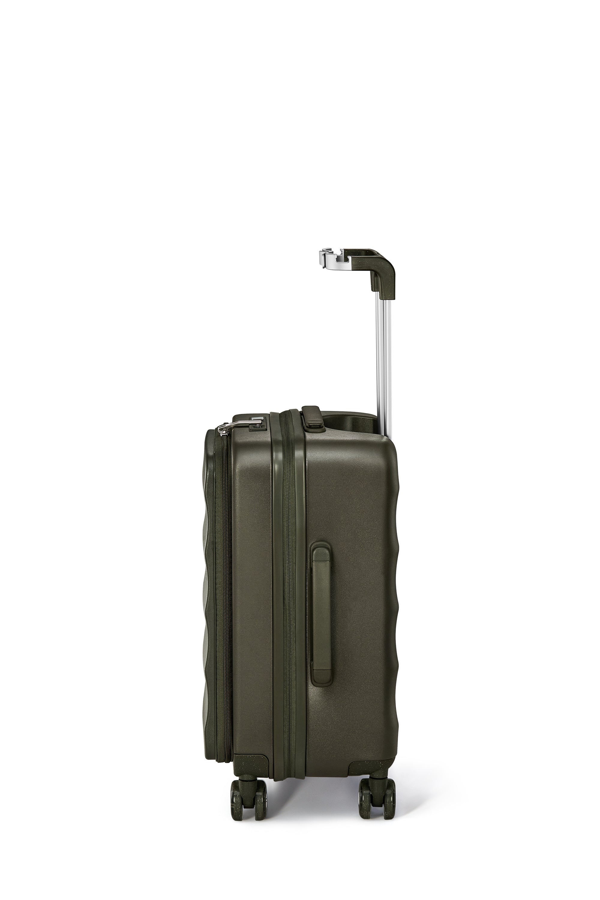 Aspen Green Tank Carry-On suitcase profile showcasing sleek design and 360° wheels.