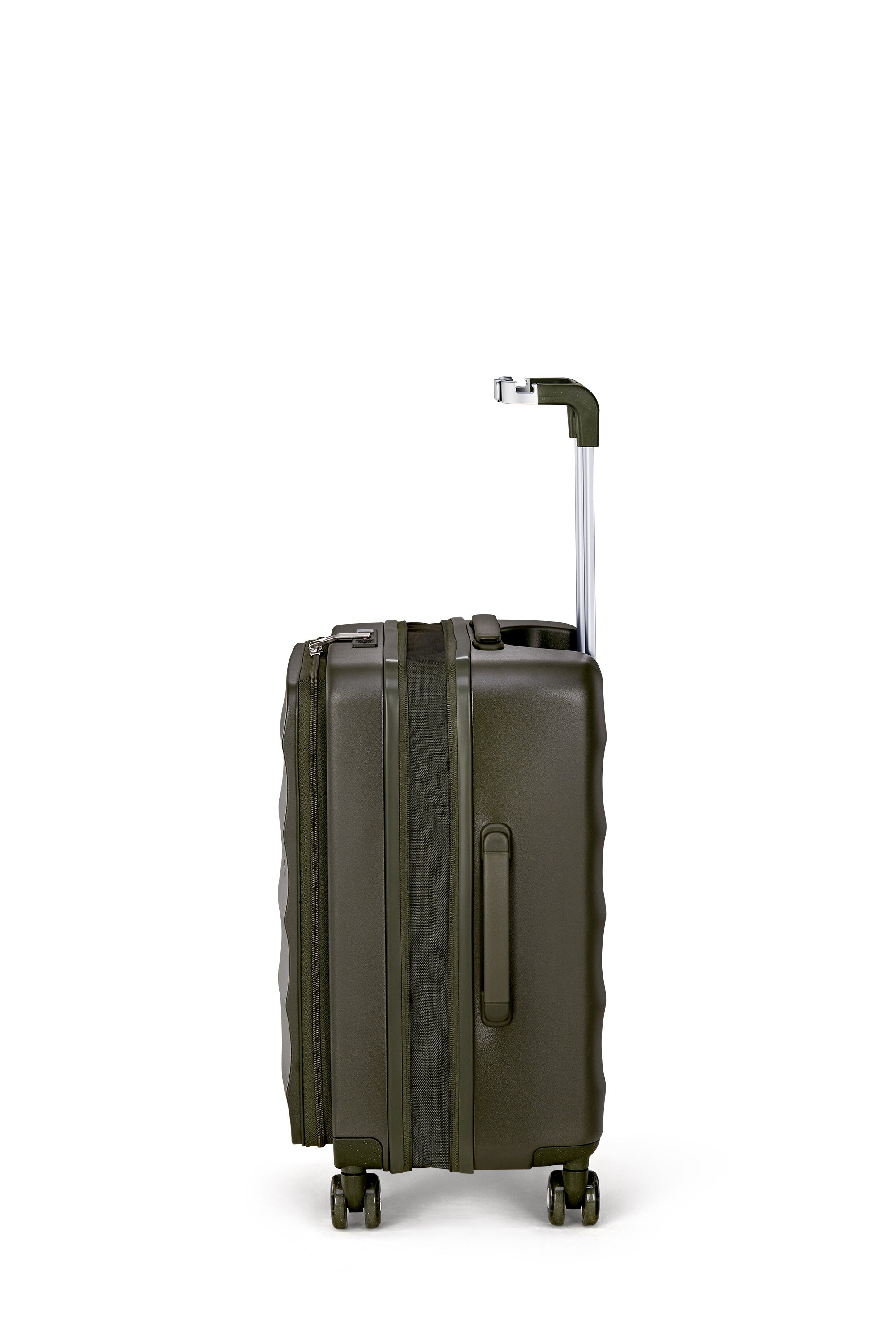 Side view of Aspen Green Tank Carry-On suitcase with durable wheels and sleek design.