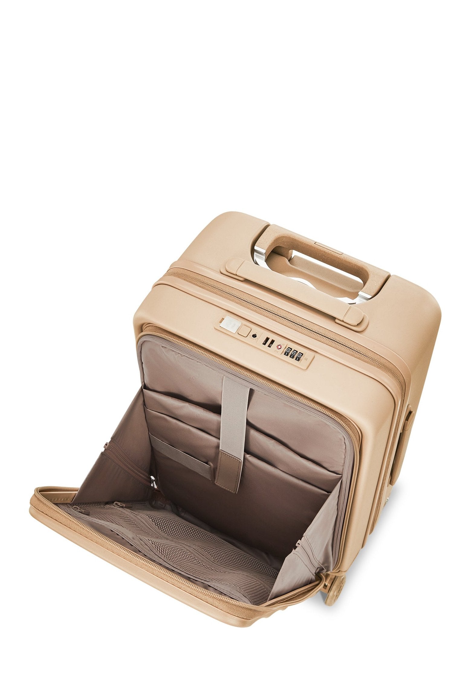 4MYTU Sandstorm Tank Carry-On suitcase interior with organizational compartments.