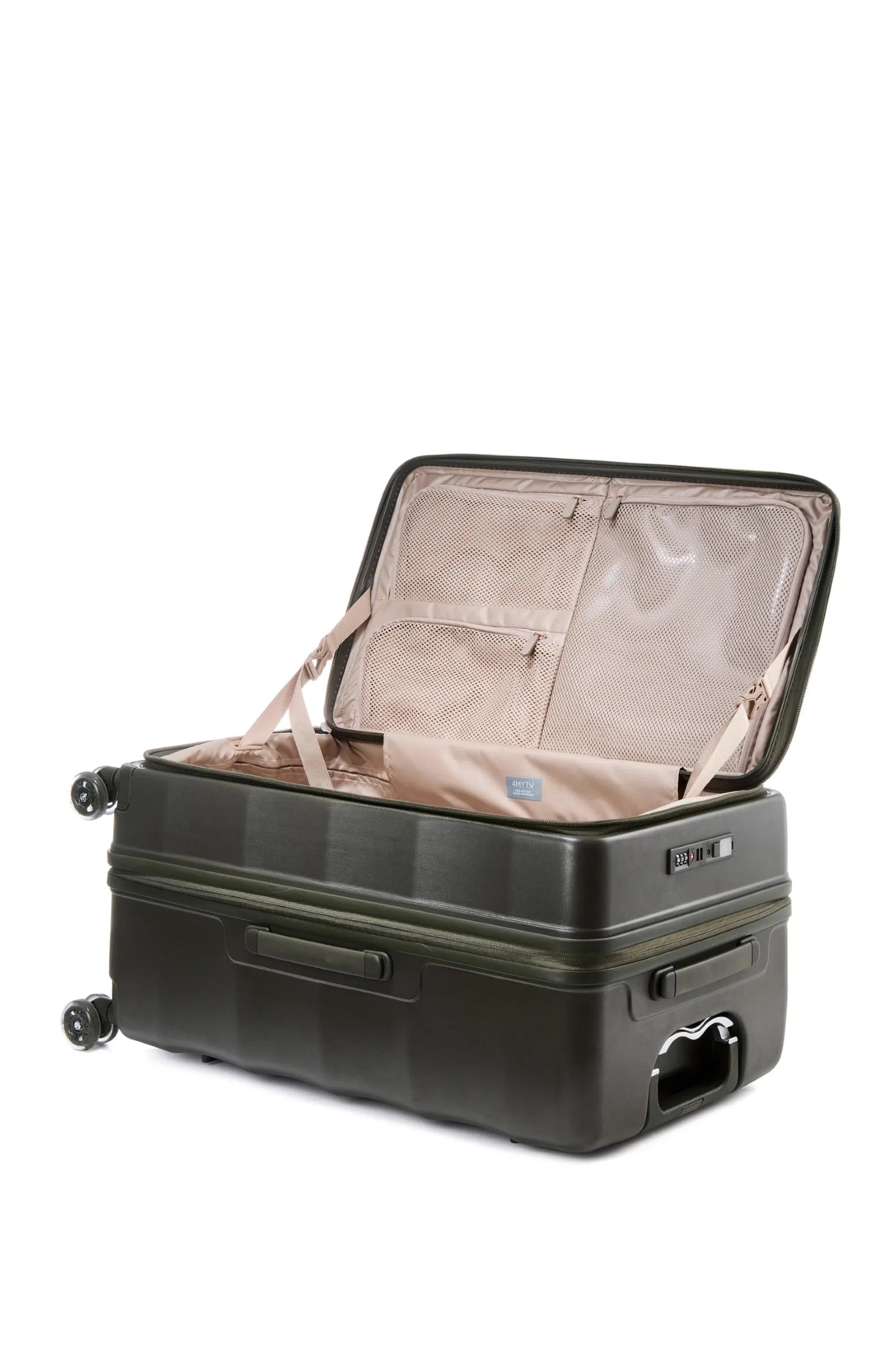 Open Aspen Green Tank Trunk luggage with organized compartments