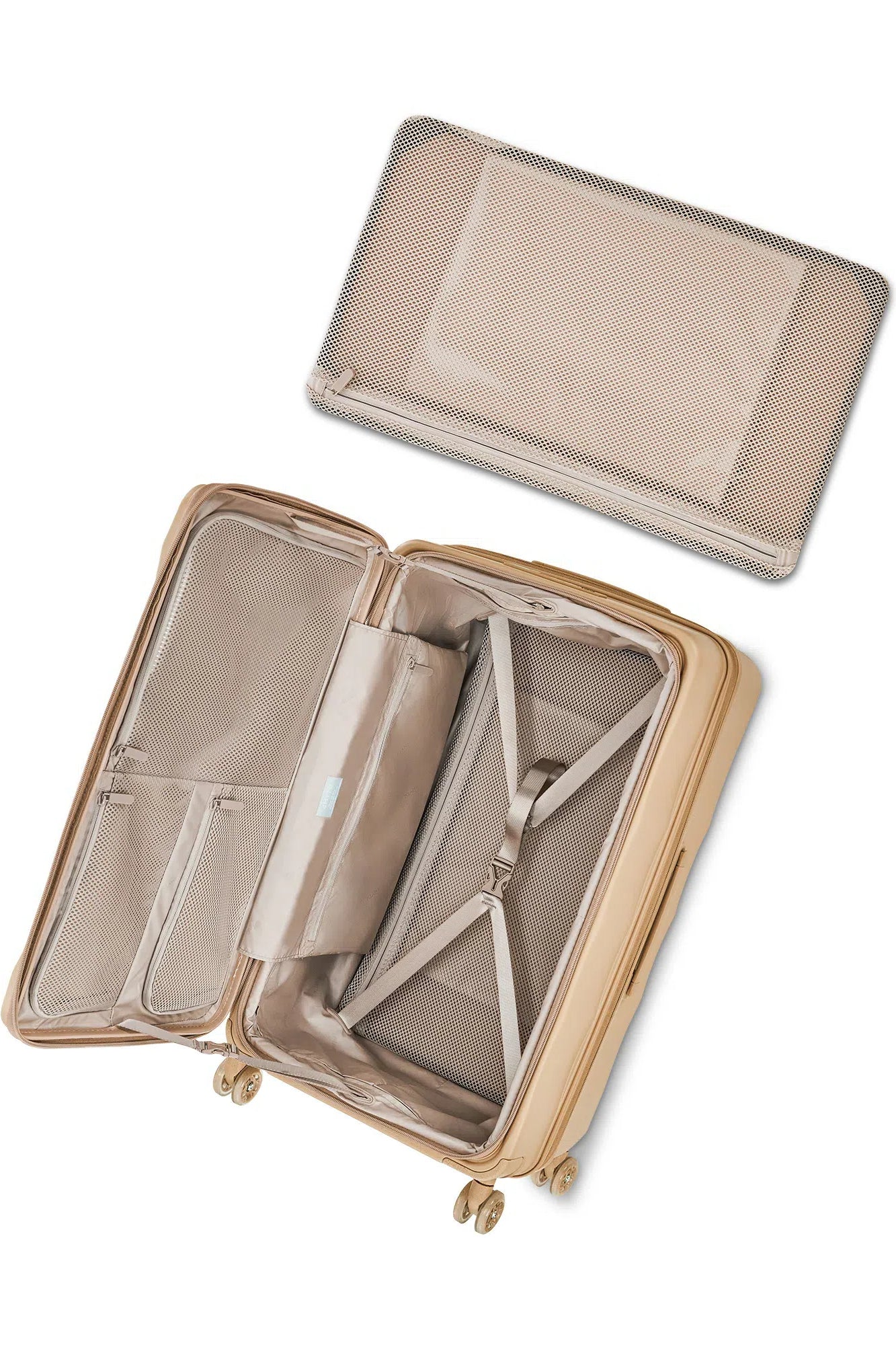 Interior view of 4MYTU Sandstorm Tank Suitcase featuring organizational compartments.