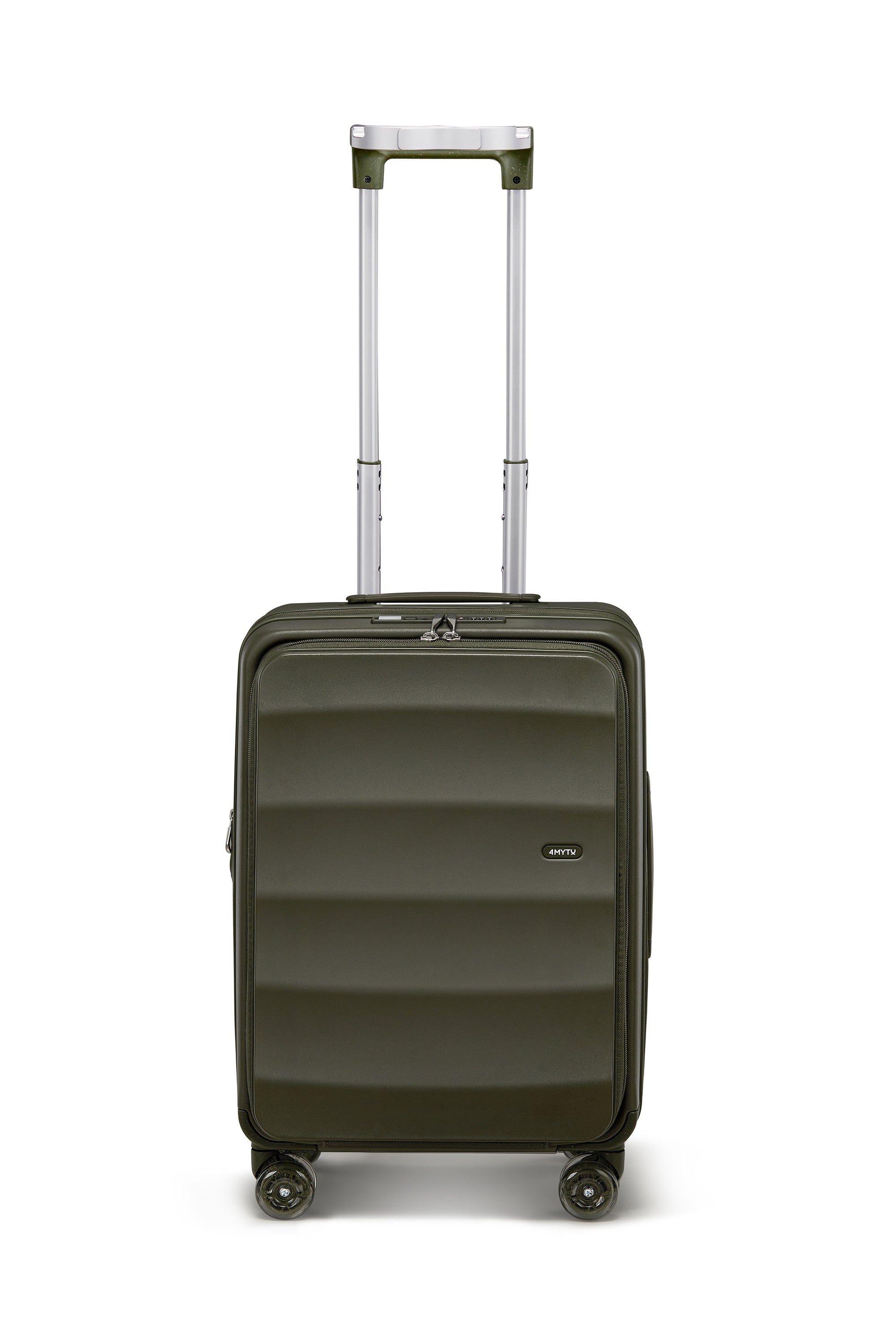 Aspen Green 4MYTU Tank Carry-On luggage with eco-friendly hardshell and smooth-rolling wheels.