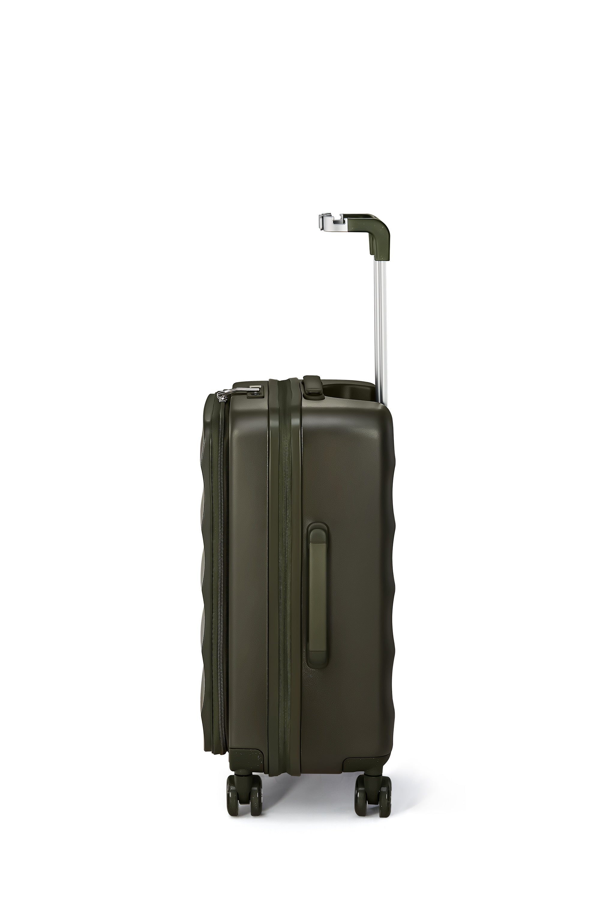 Aspen Green Bigger Tank Carry-On suitcase side view with handle and wheels.