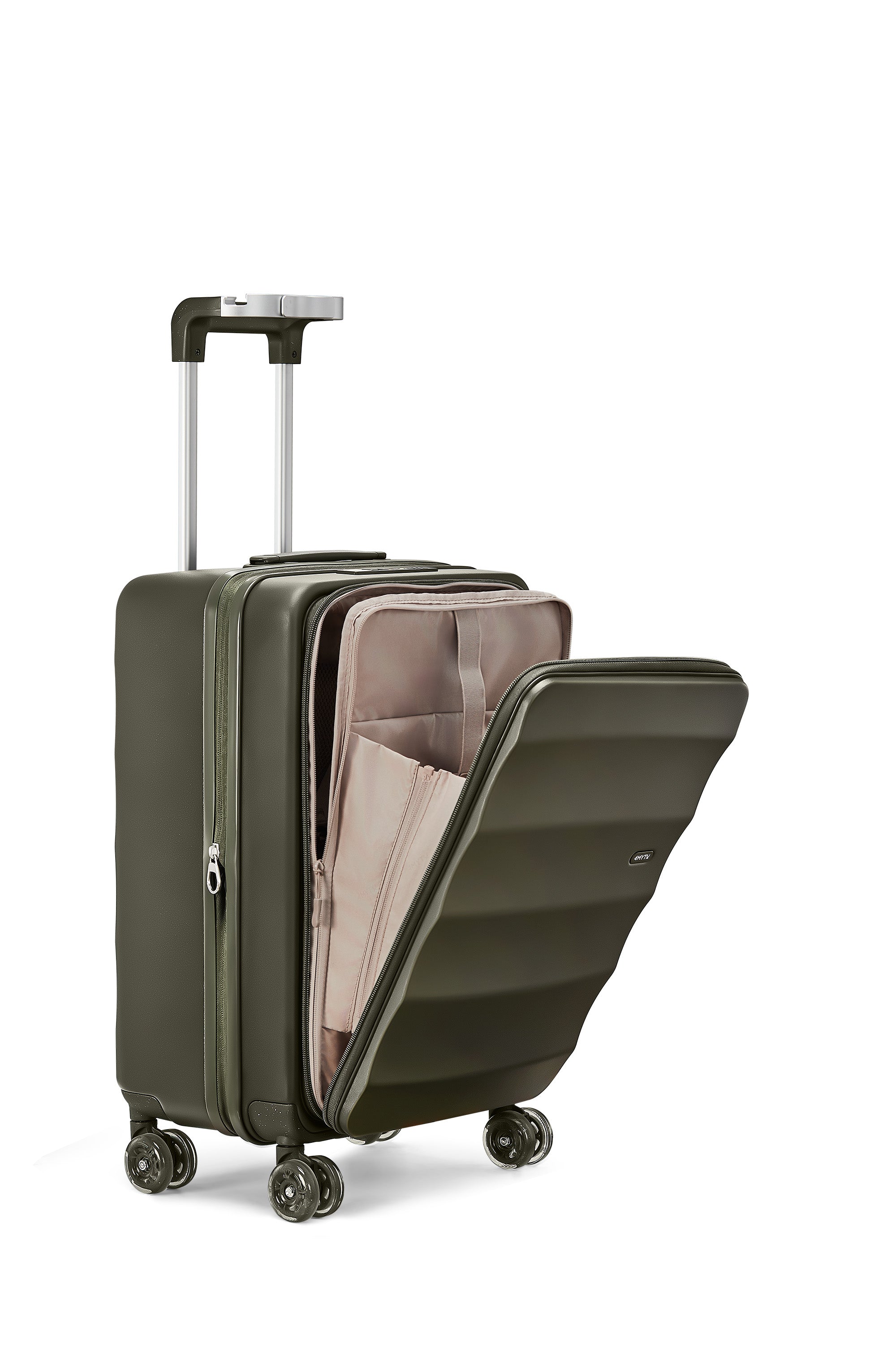 Aspen Green 4MYTU Tank Carry-On suitcase with spacious interior and eco-friendly design.