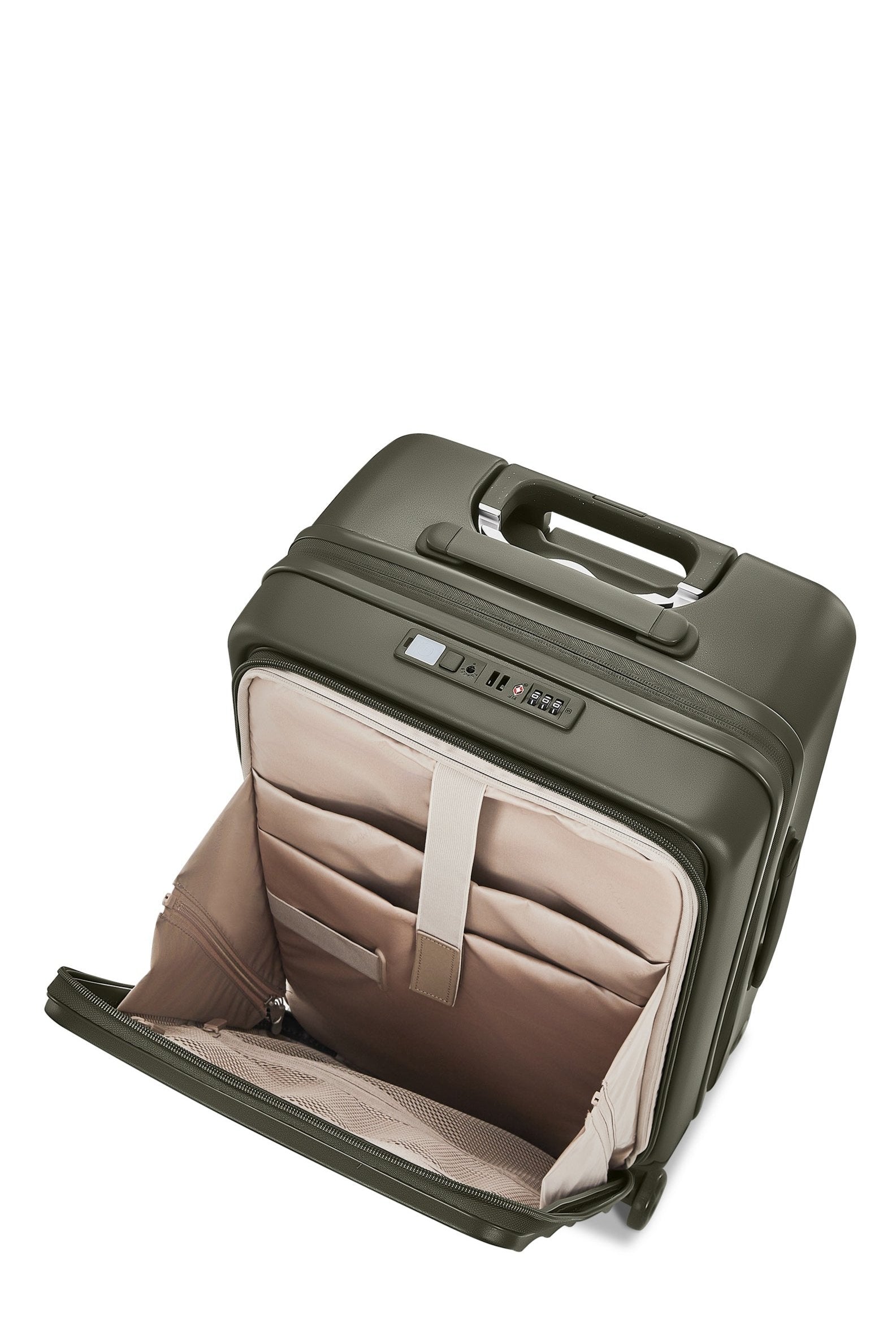 Aspen Green 4MYTU Tank Carry-On suitcase with spacious eco-friendly interior.