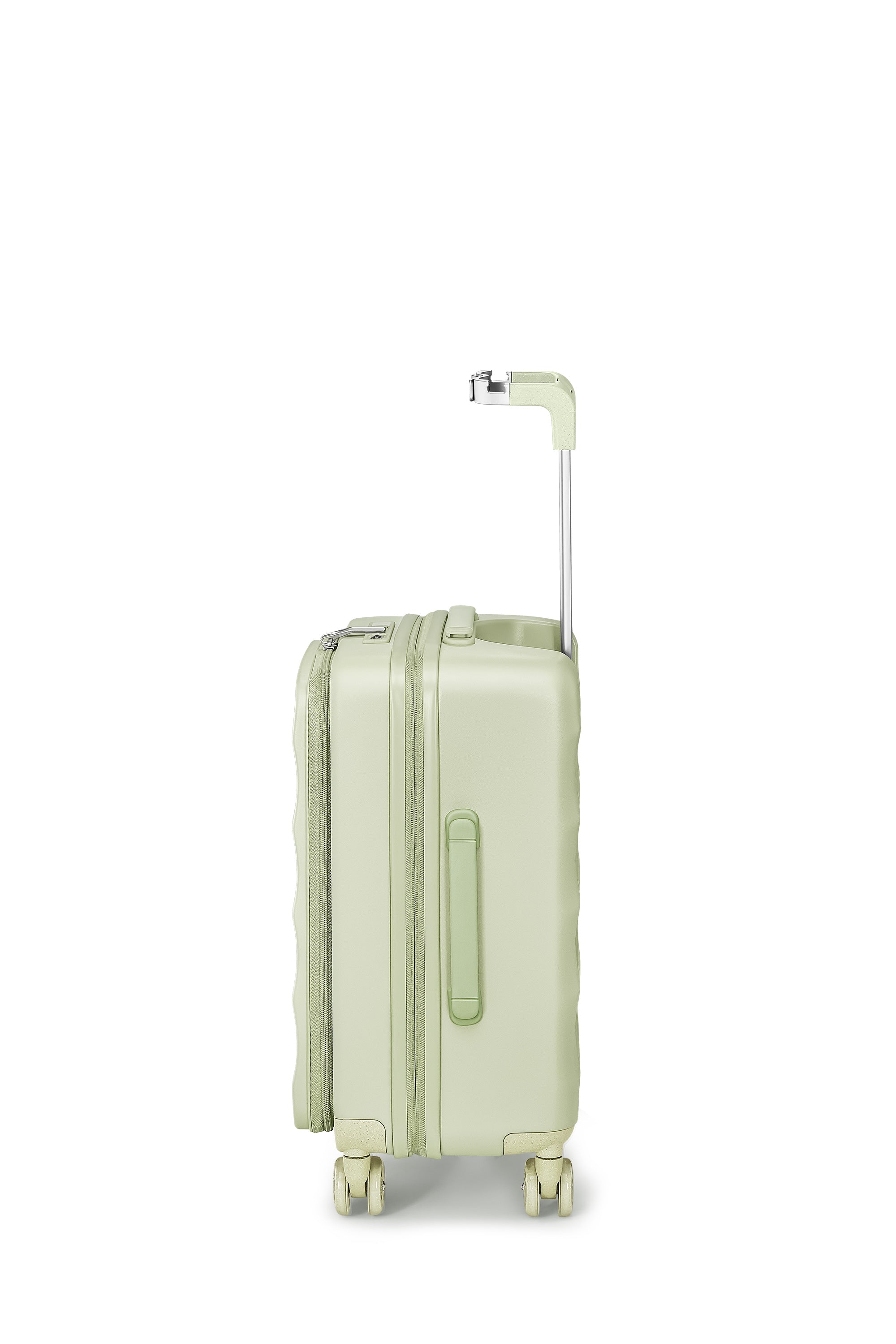 Mint green Tank Carry-On luggage with sleek design and extendable handle for easy travel.