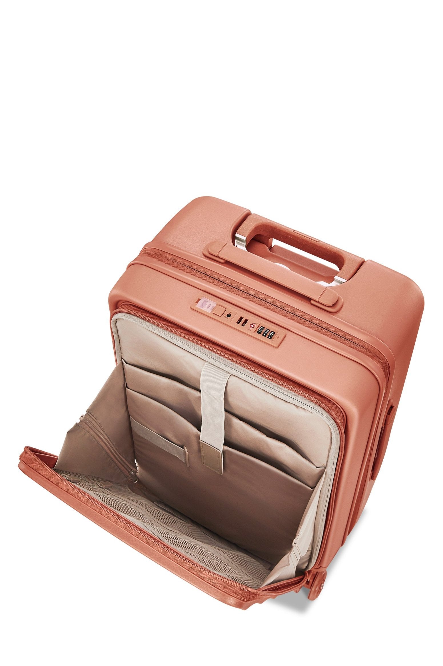 Open 4MYTU Bigger Tank Carry-On in copper with spacious compartments and multi-functional handle.