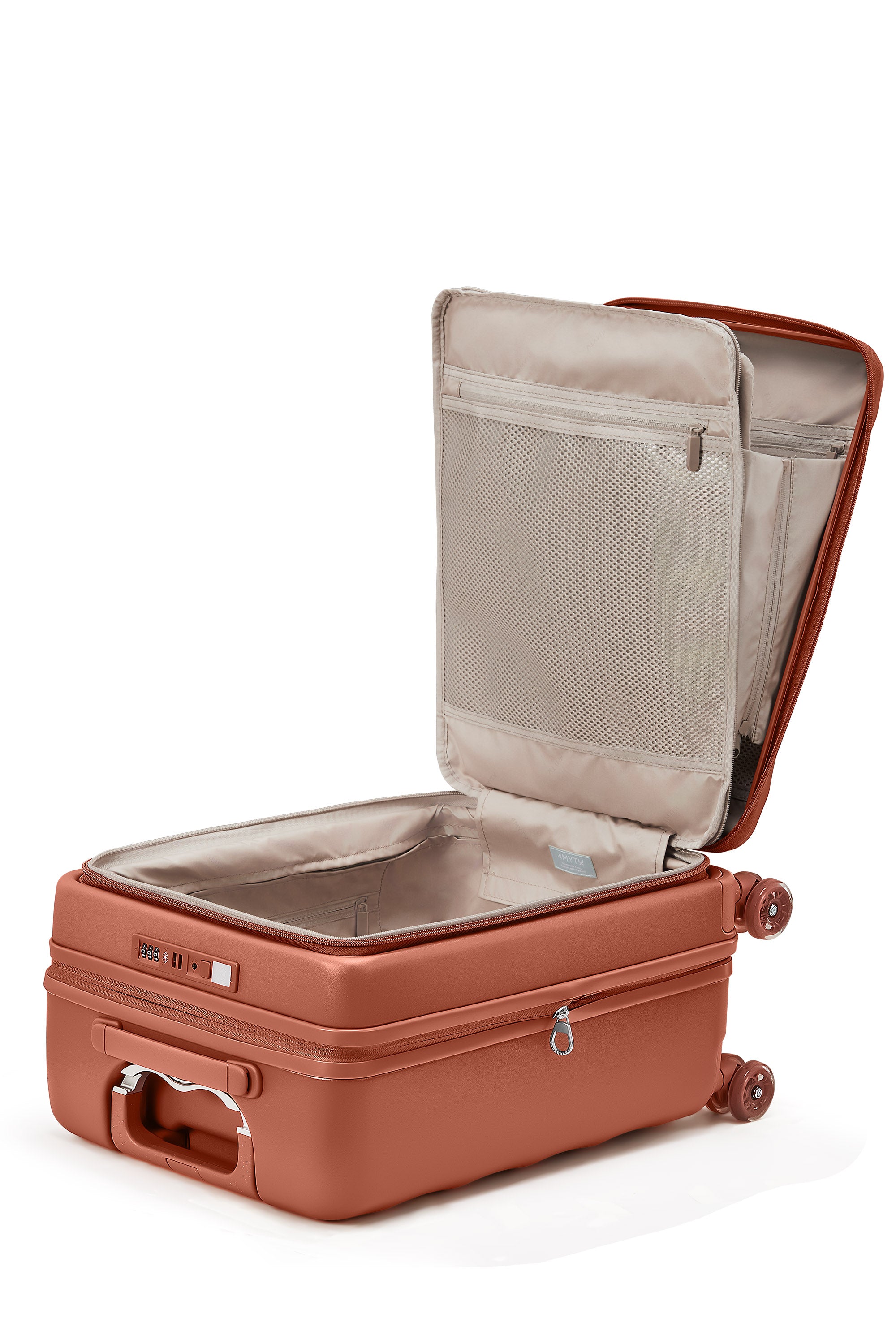 Open 4MYTU copper hardshell carry-on suitcase with interior compartments.