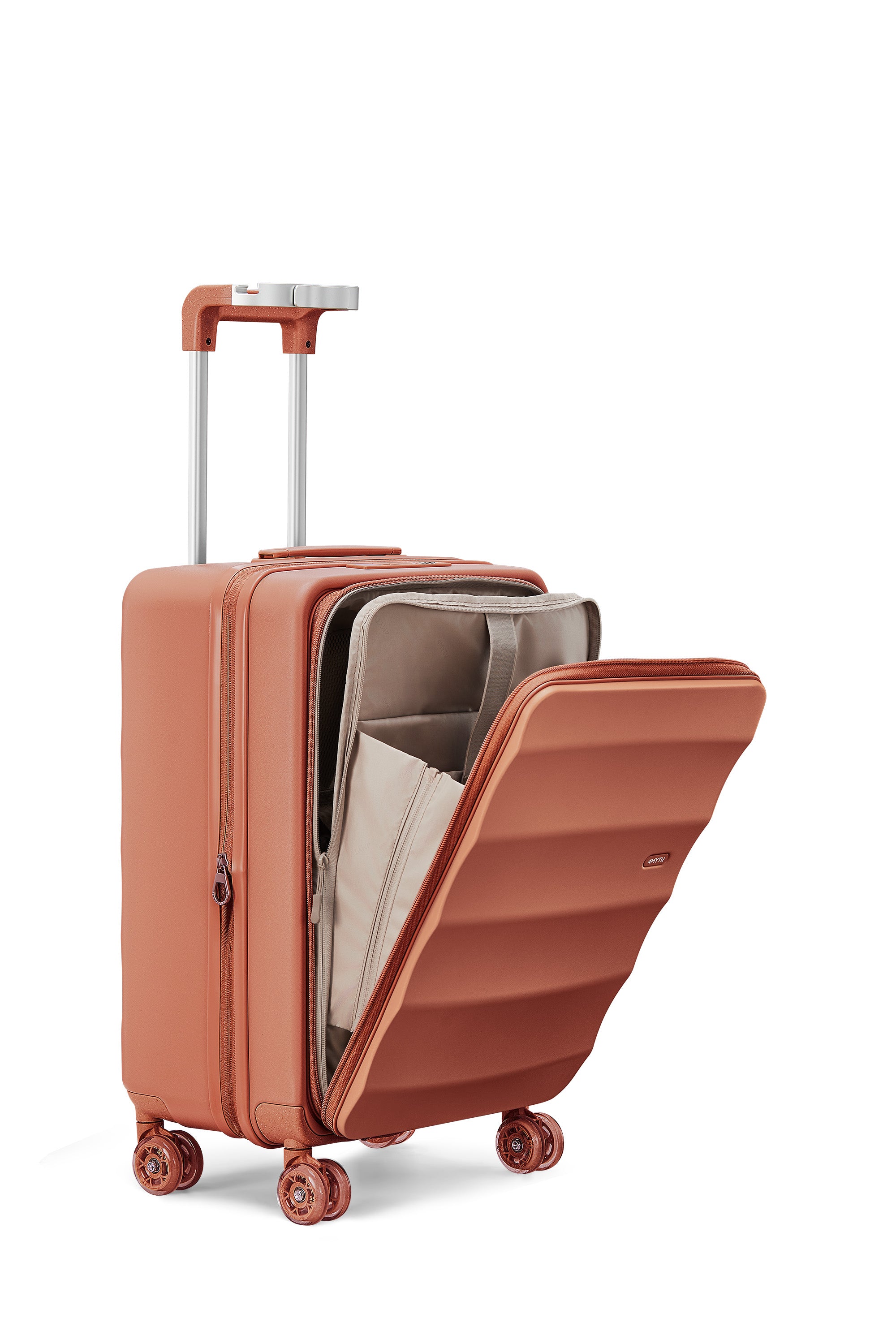 4MYTU copper carry-on suitcase with spacious interior for organized travel.