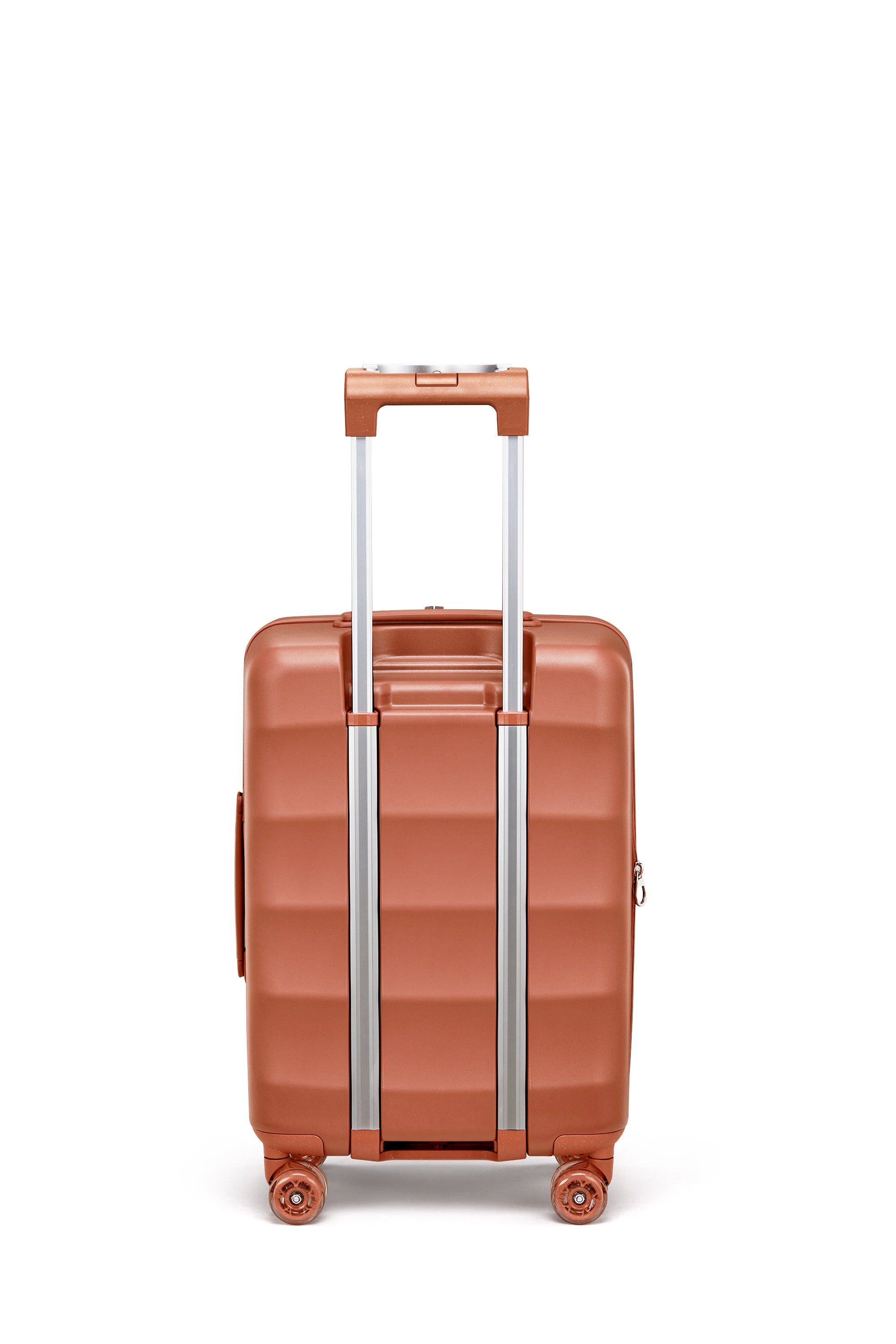 Copper carry-on suitcase with 360° wheels and ergonomic handle for easy travel.