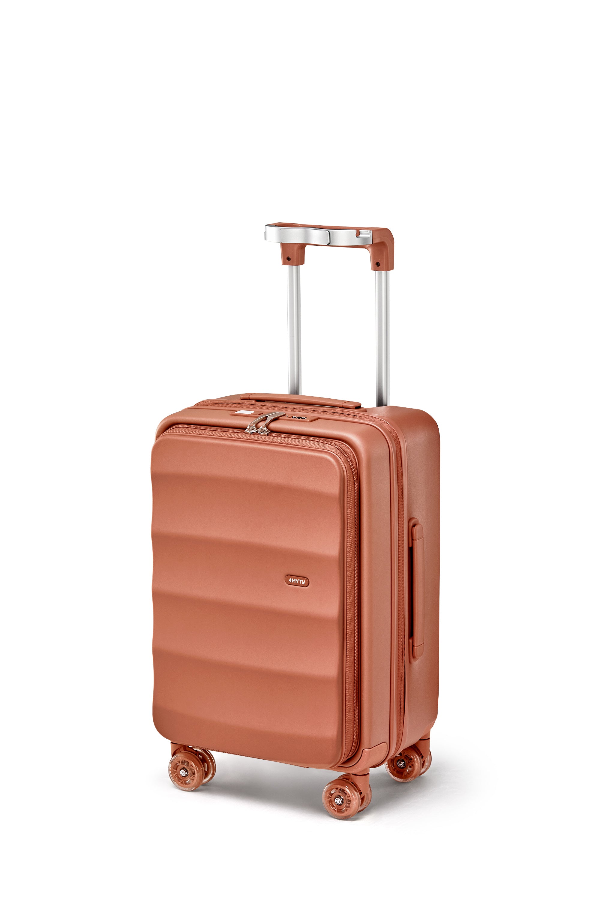 Copper carry-on suitcase with ergonomic handle and 360° spinner wheels for easy travel.