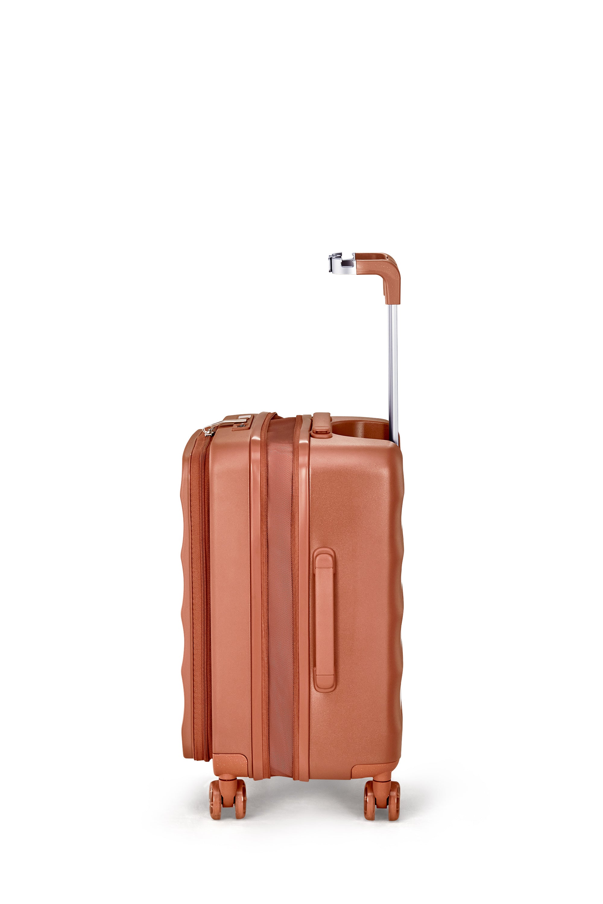 Side view of 4MYTU copper hardshell carry-on suitcase with smooth wheels.