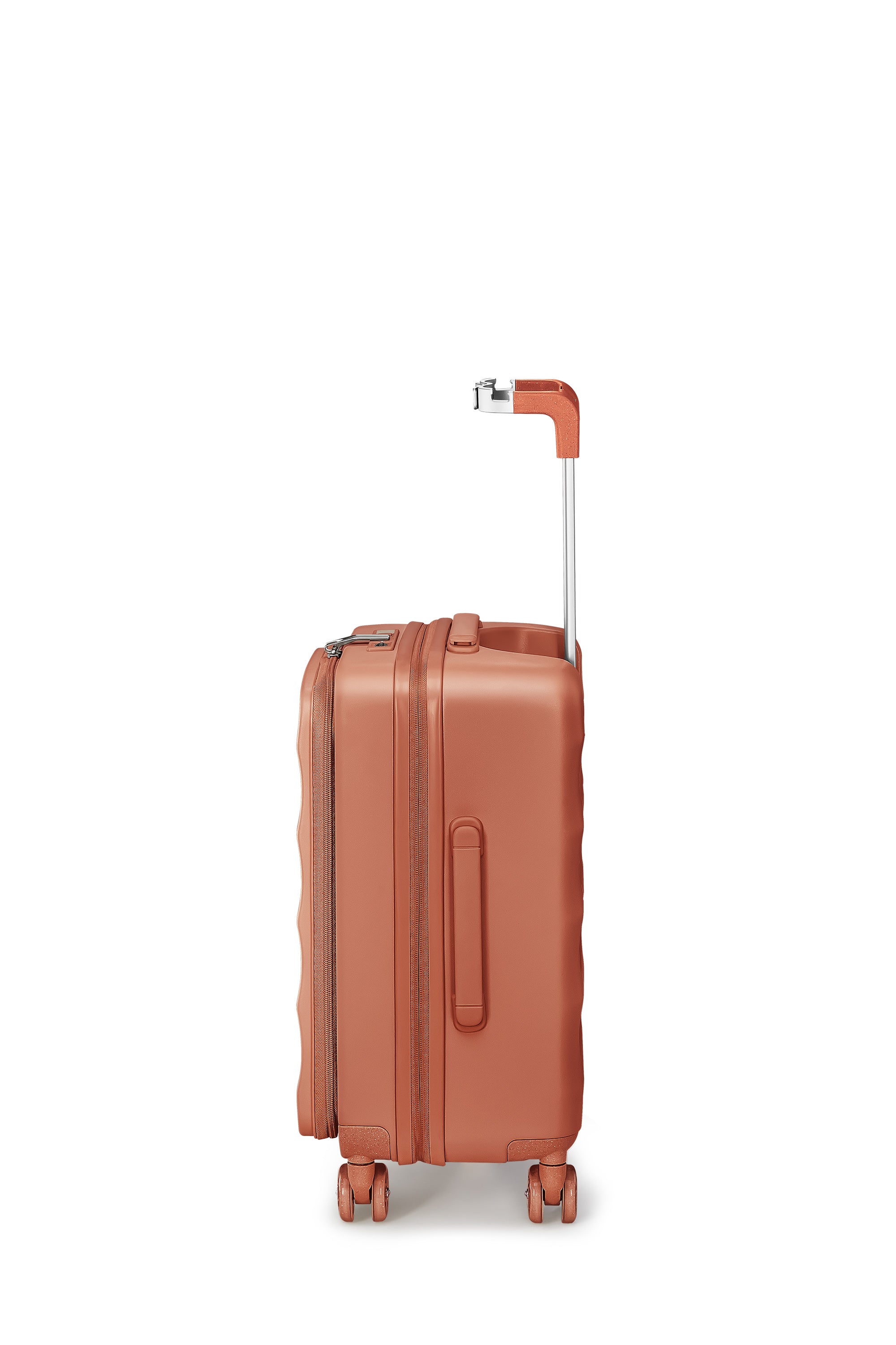 Copper carry-on suitcase with multi-functional handle and 360° wheels.