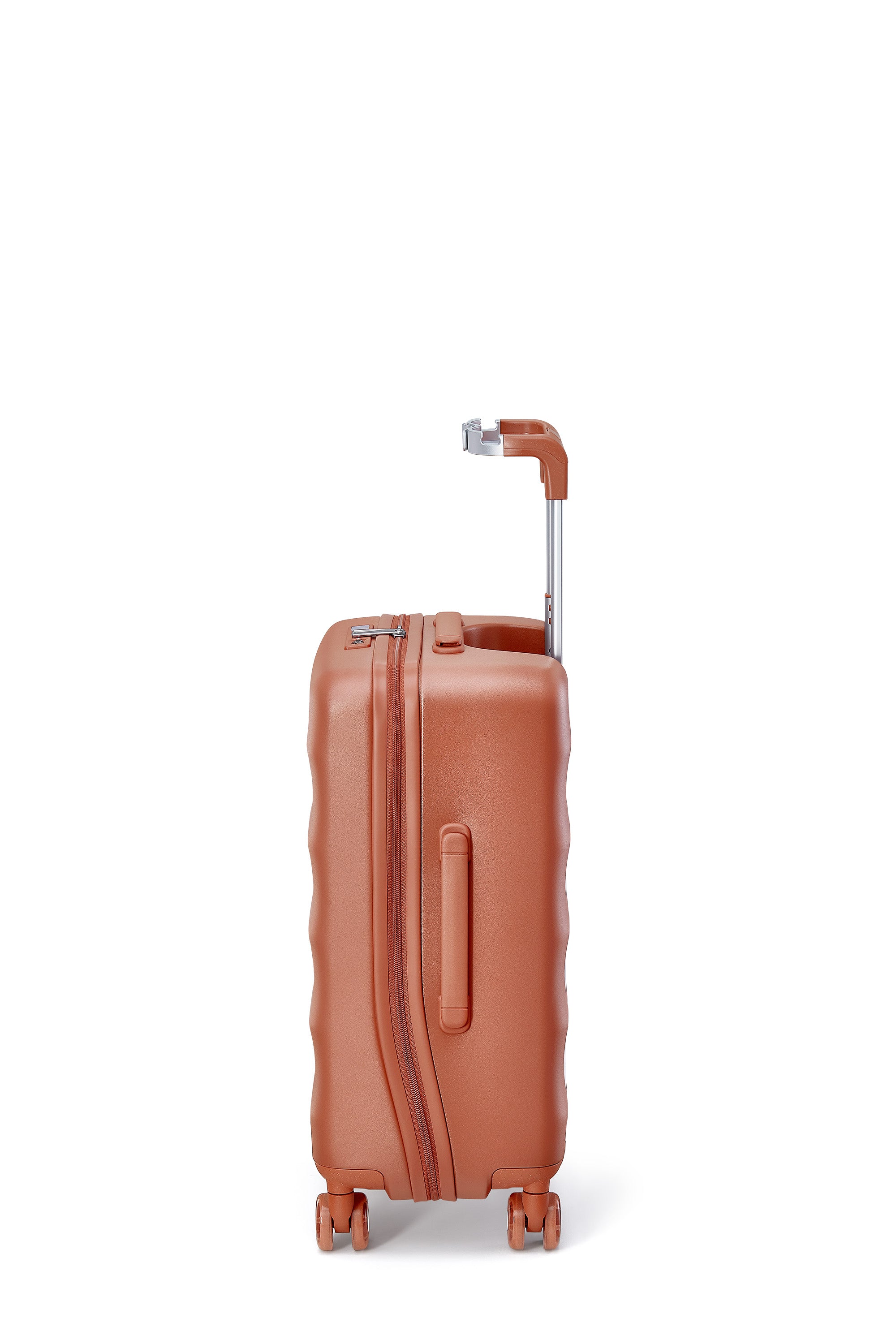 Side view of Fiery Red Bigger Carry-On luggage with 360° wheels and ergonomic handle.