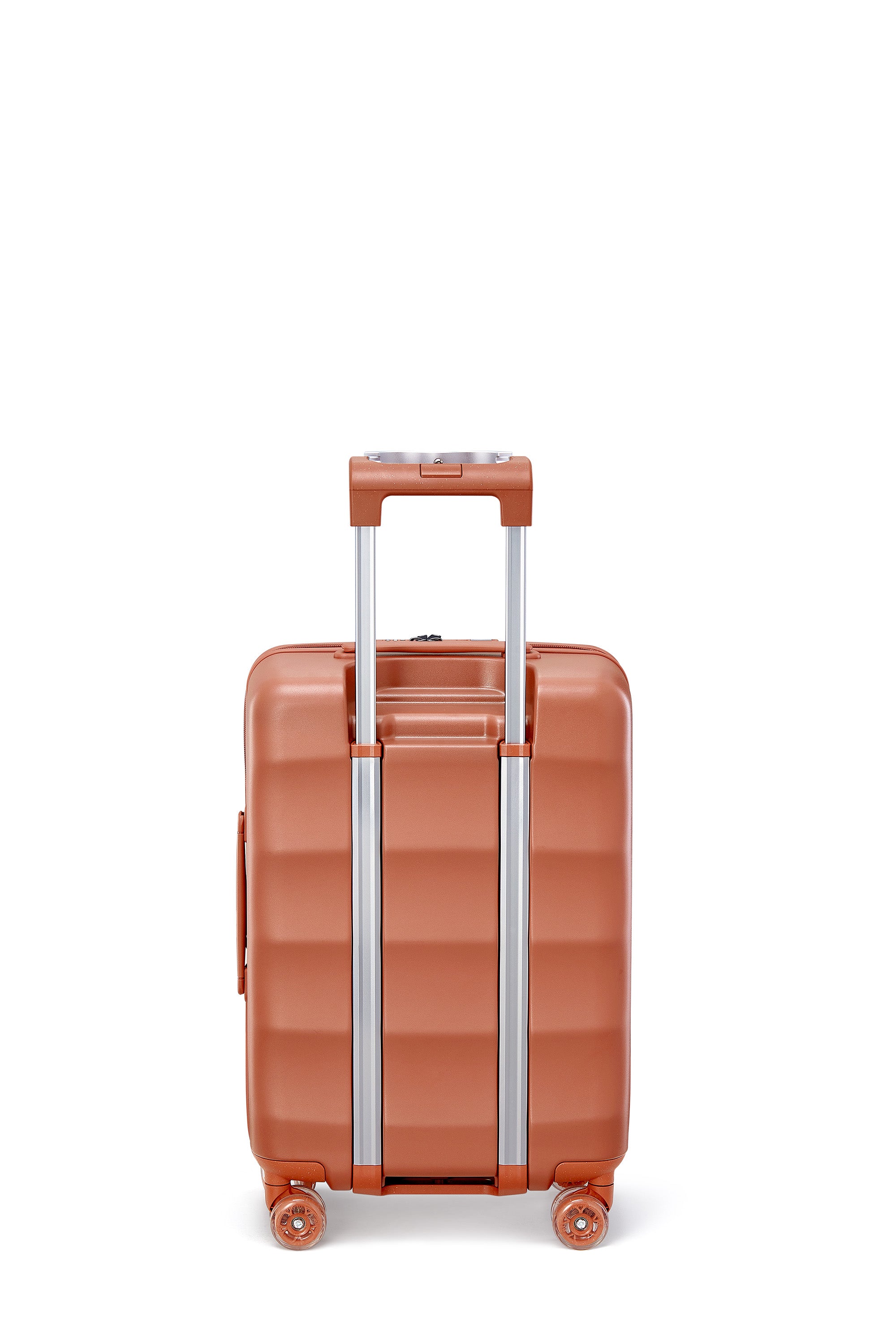 Bigger Carry-On luggage in Fiery Red with smooth 360° wheels and ergonomic handle.