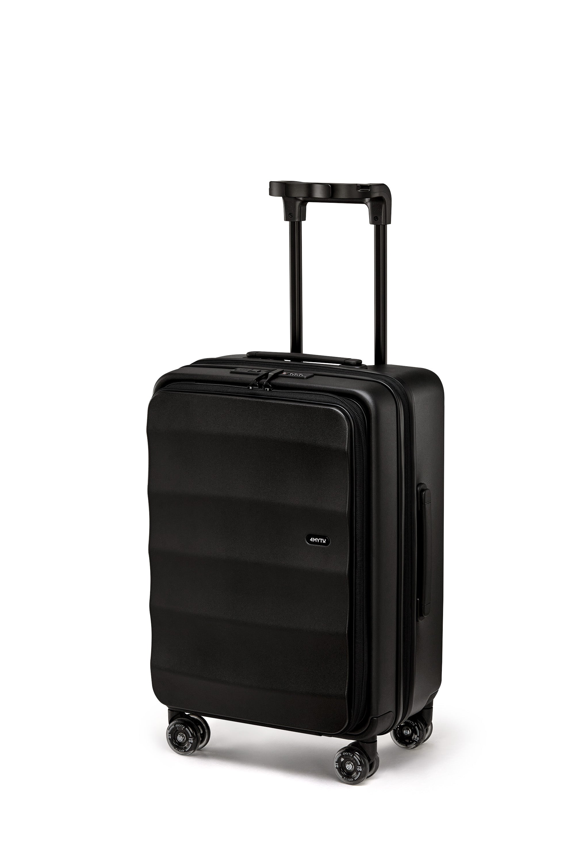 Sleek Jet Black Bigger Tank Carry-On with 360° wheels and multi-functional handle.