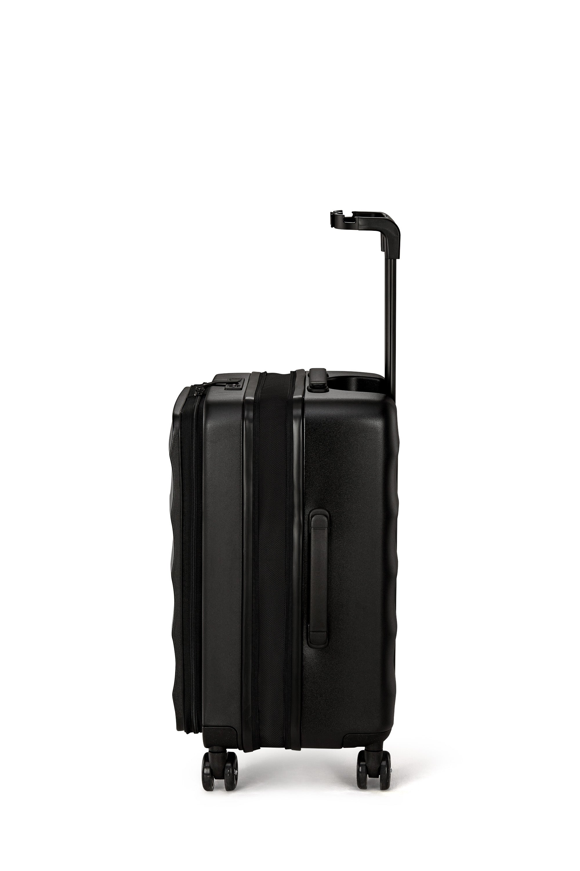 Jet Black 4MYTU Tank Carry-On suitcase side view with hardshell and smooth wheels.
