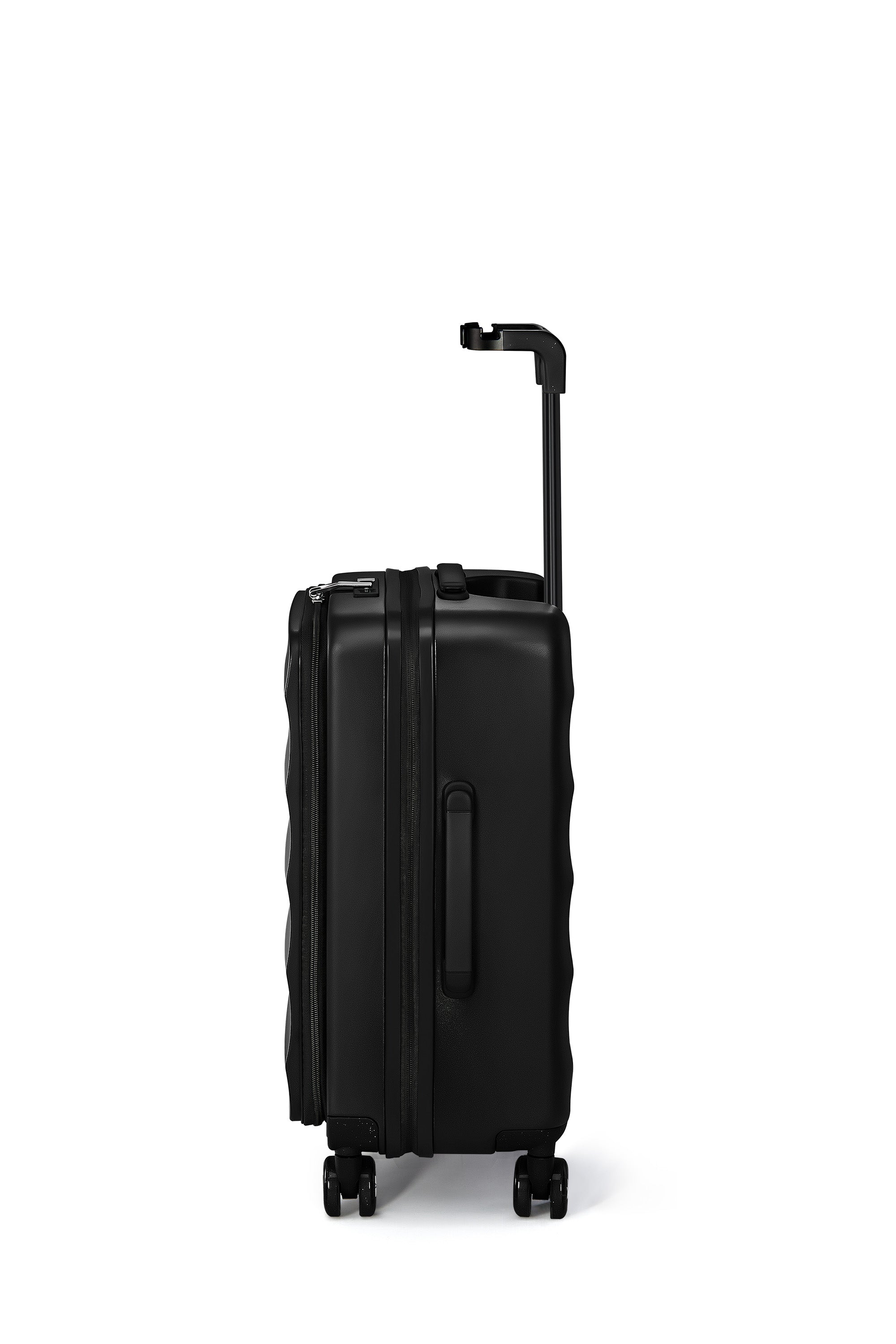 Side view of Jet Black Bigger Tank Carry-On with 360° wheels and sleek handle.
