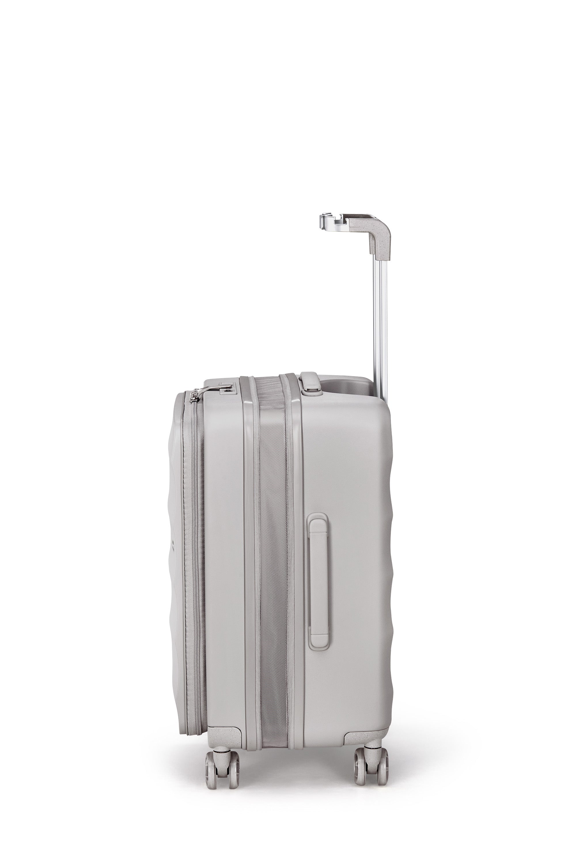 Side view of 4MYTU Bigger Tank Carry-On in Harbor Mist with smooth wheels.