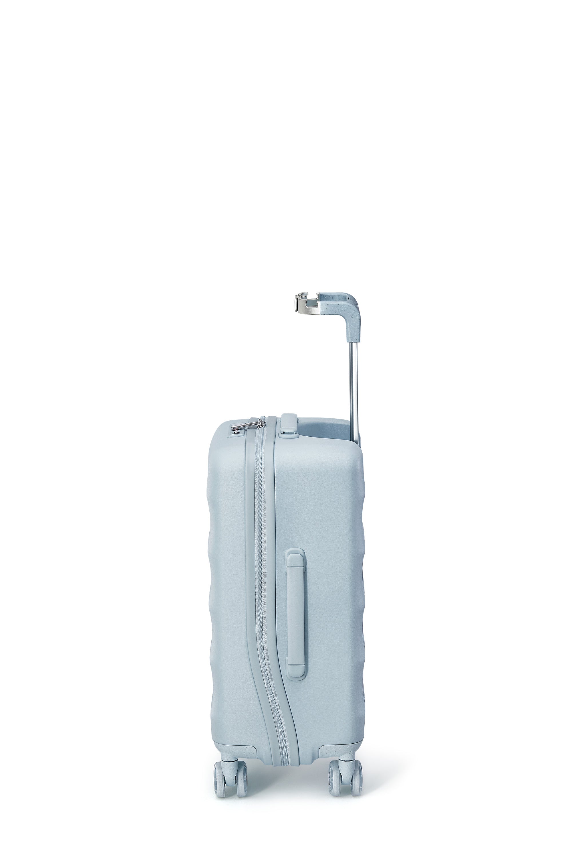 Delicate Blue carry-on suitcase with innovative ergonomic handle for easy travel.