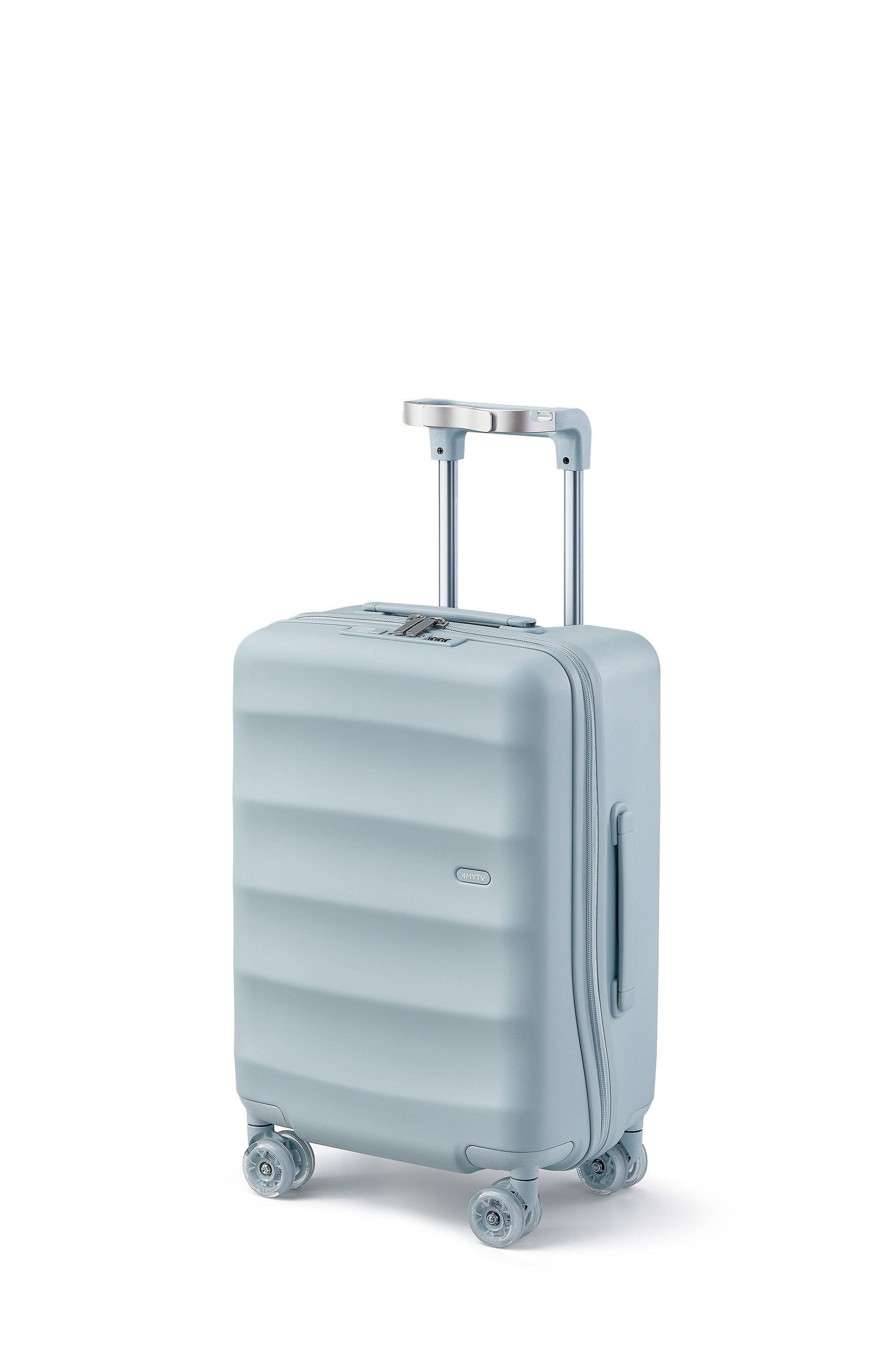 Delicate Blue carry-on suitcase from 4MYTU with smooth wheels and sleek design.