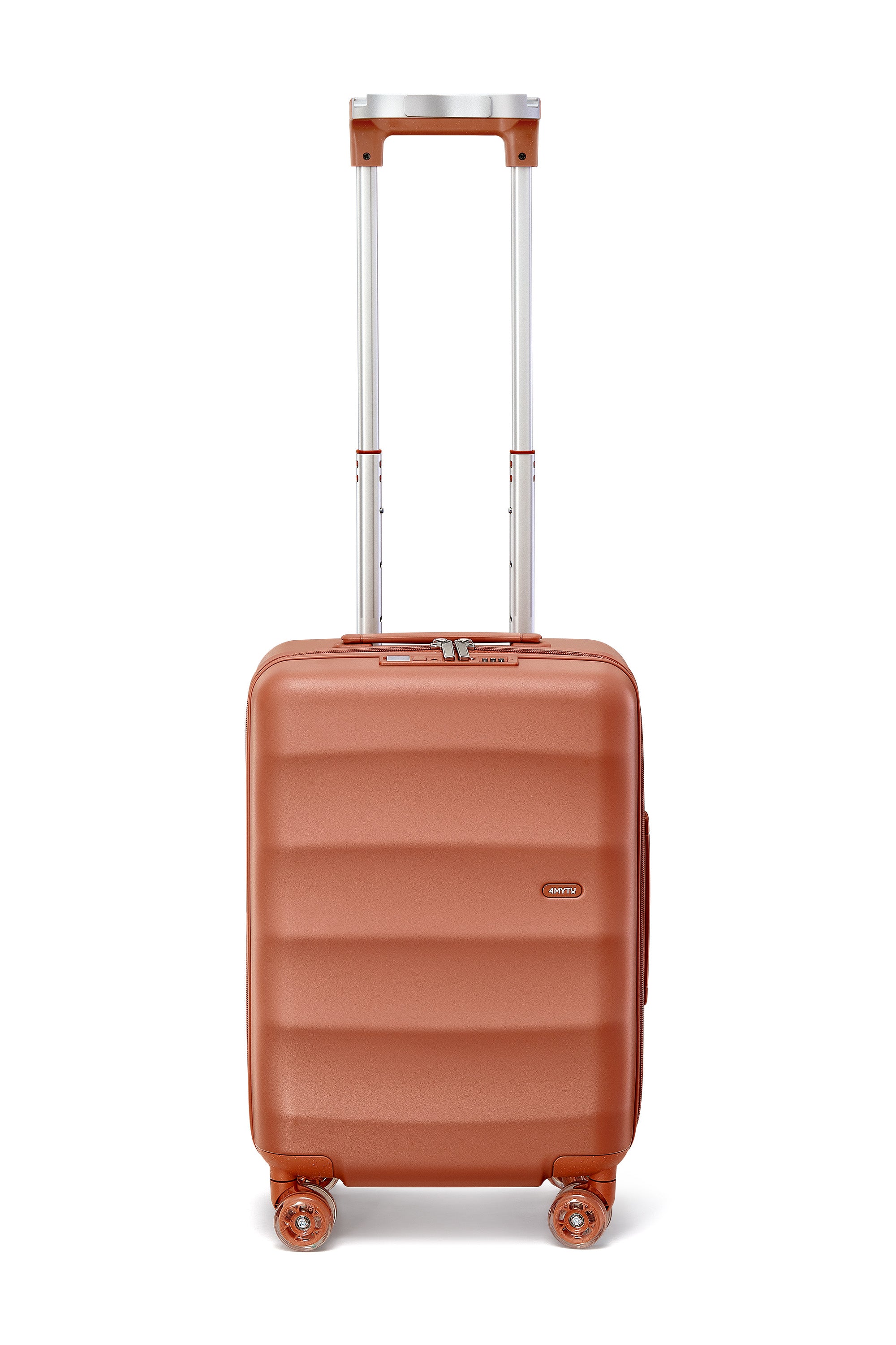 4MYTU terracotta carry-on suitcase with sleek design and robust retractable handle.