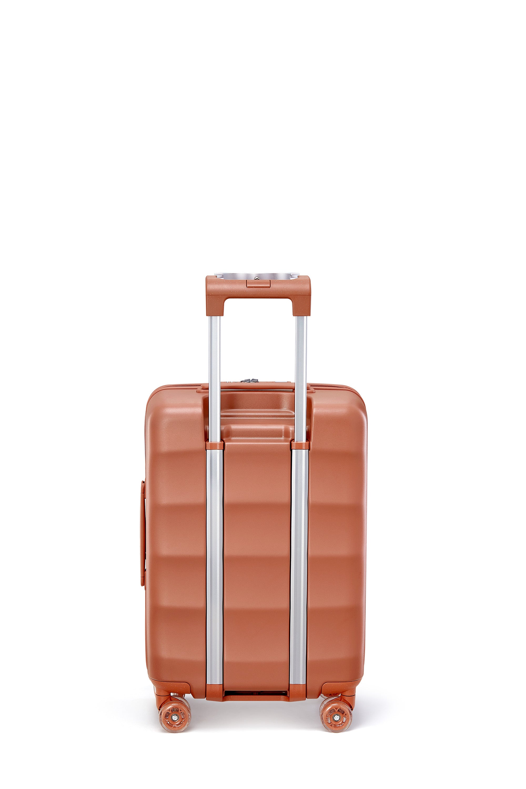 Terracotta carry-on suitcase with durable wheels and retractable handle.