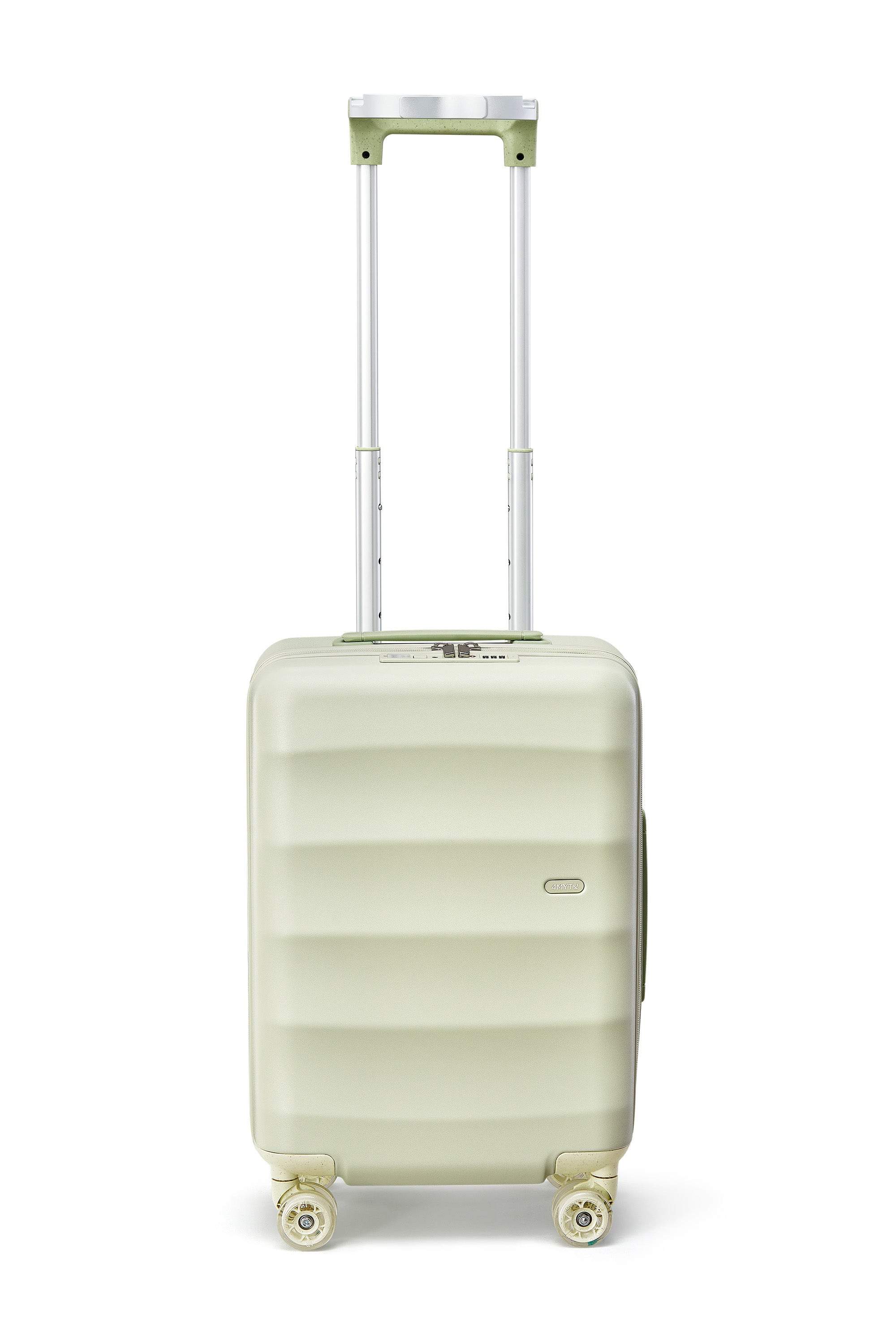 Sleek mint green carry-on suitcase with smooth wheels and a retractable handle.