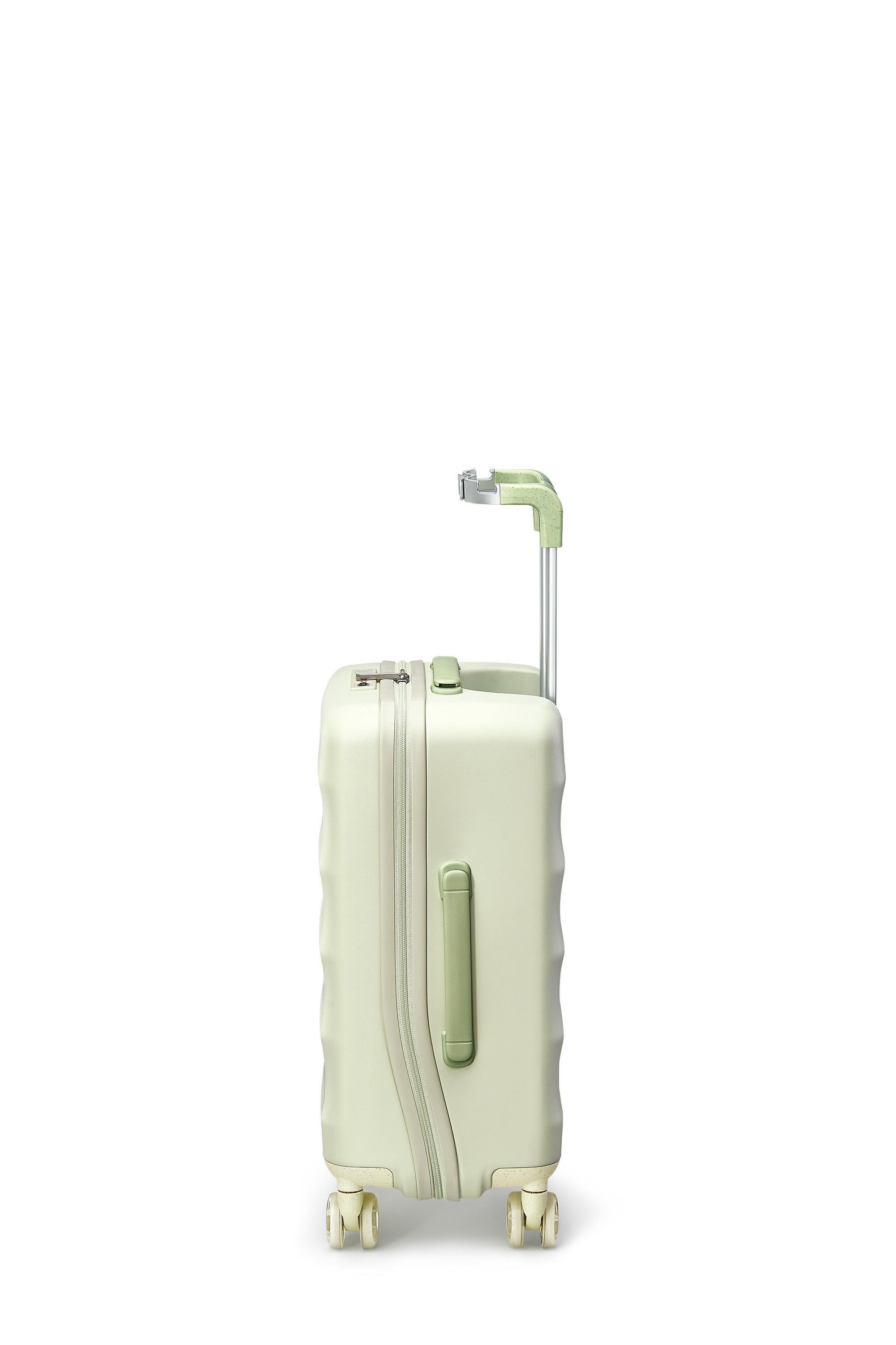 Mint green 4MYTU carry-on suitcase with ergonomic handle and smooth-rolling wheels.