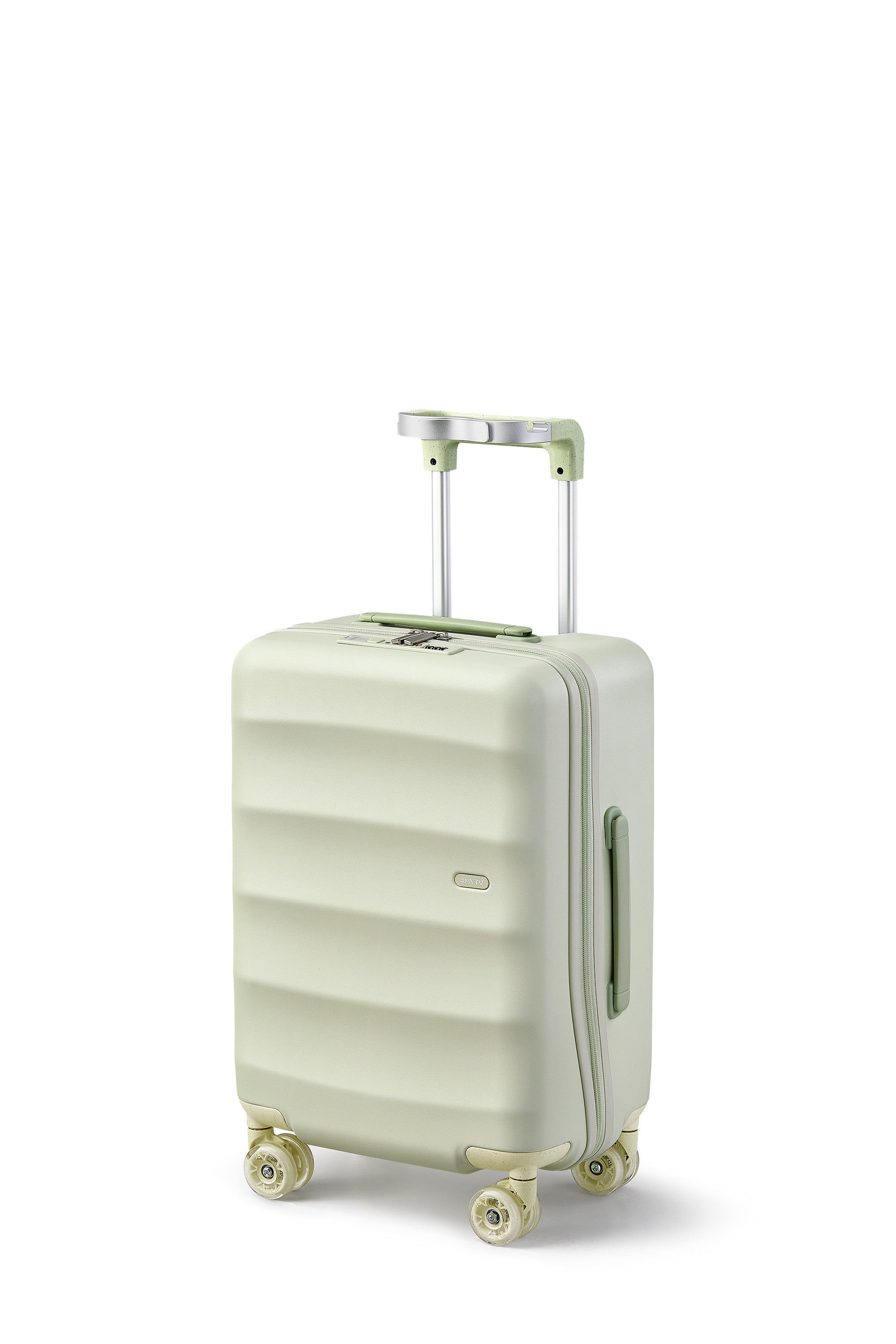 Stylish mint green 4MYTU carry-on suitcase with smooth wheels and ergonomic handle.