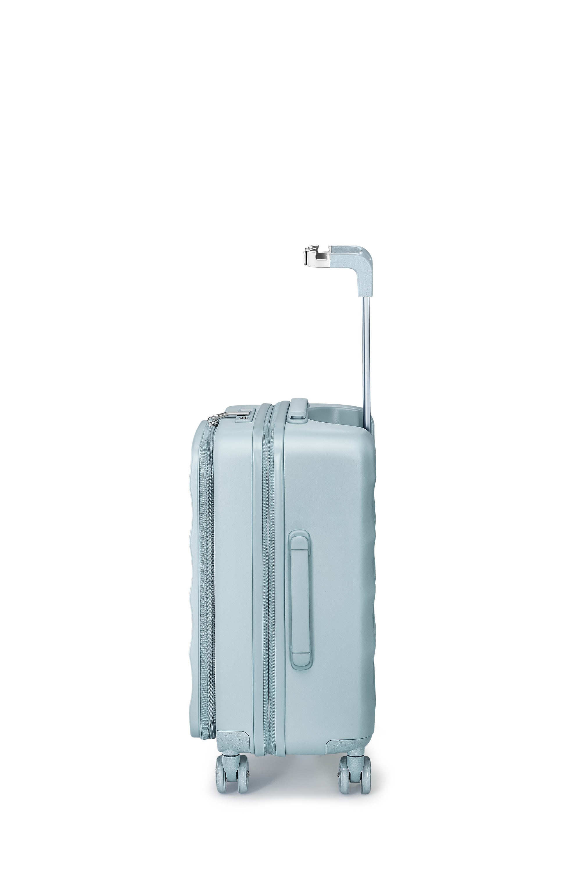 Delicate Blue 4MYTU Tank Carry-On suitcase side profile with smooth wheels