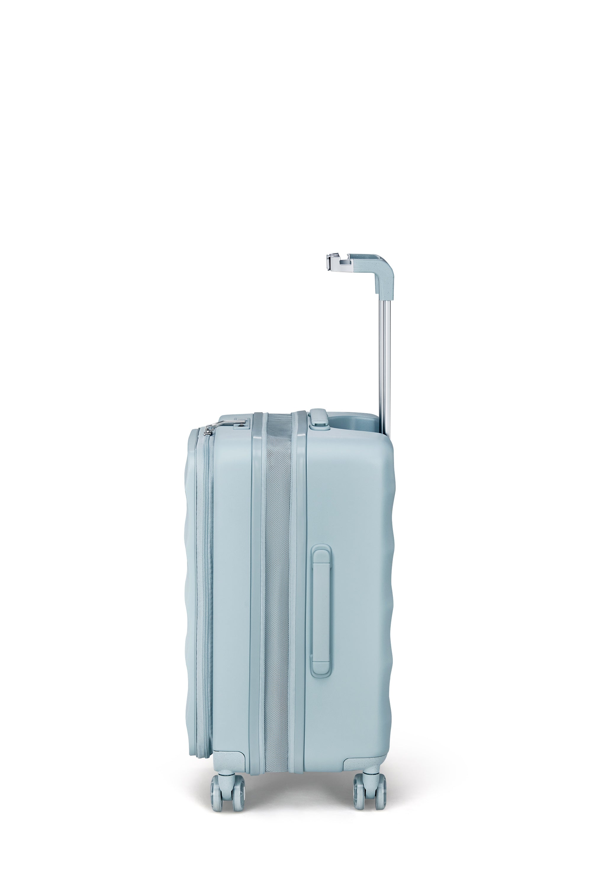 Delicate Blue 4MYTU Tank Carry-On suitcase side view highlighting eco-friendly hardshell.