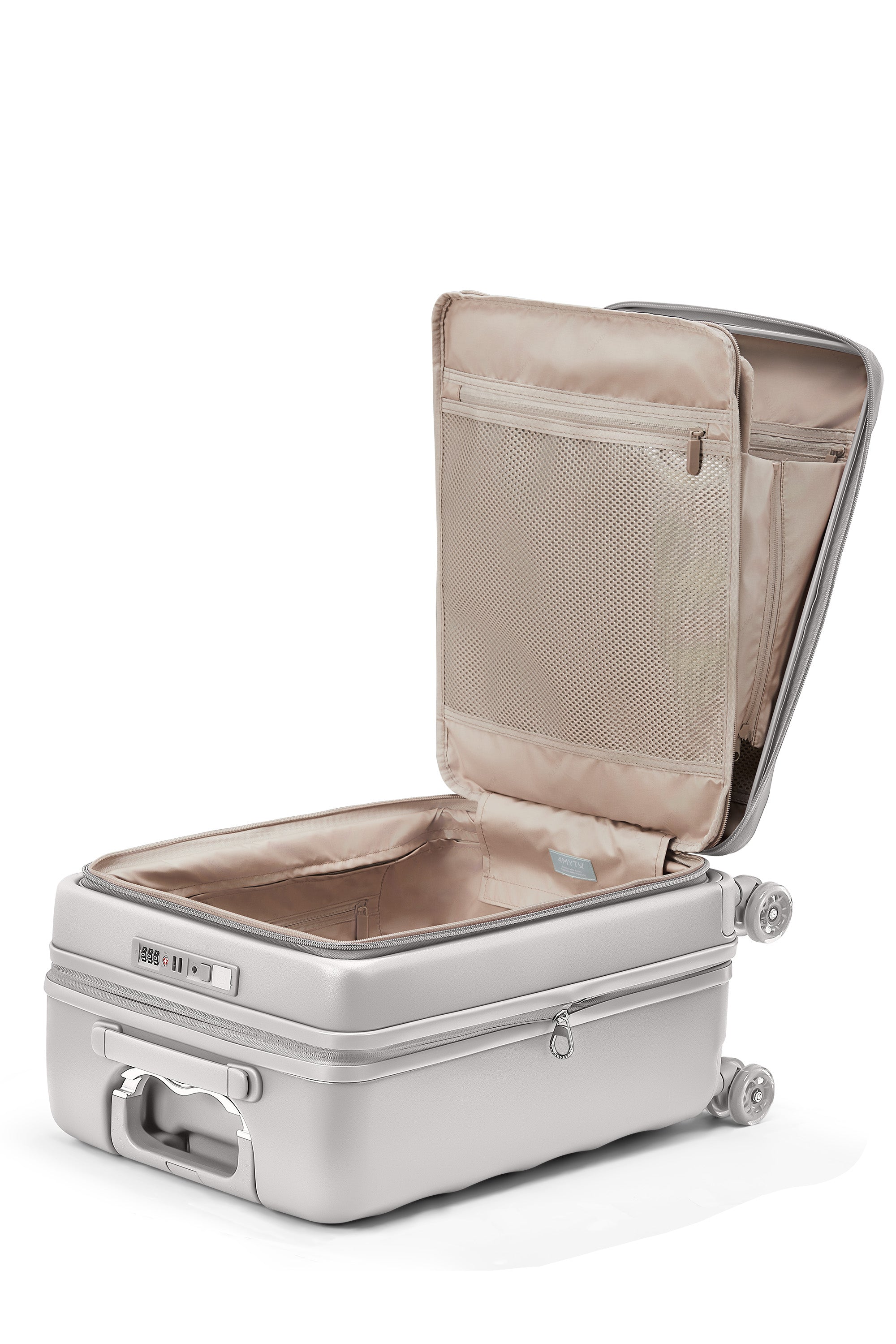 Interior of Harbor Mist 4MYTU Tank Carry-On suitcase with compartments and soft lining.