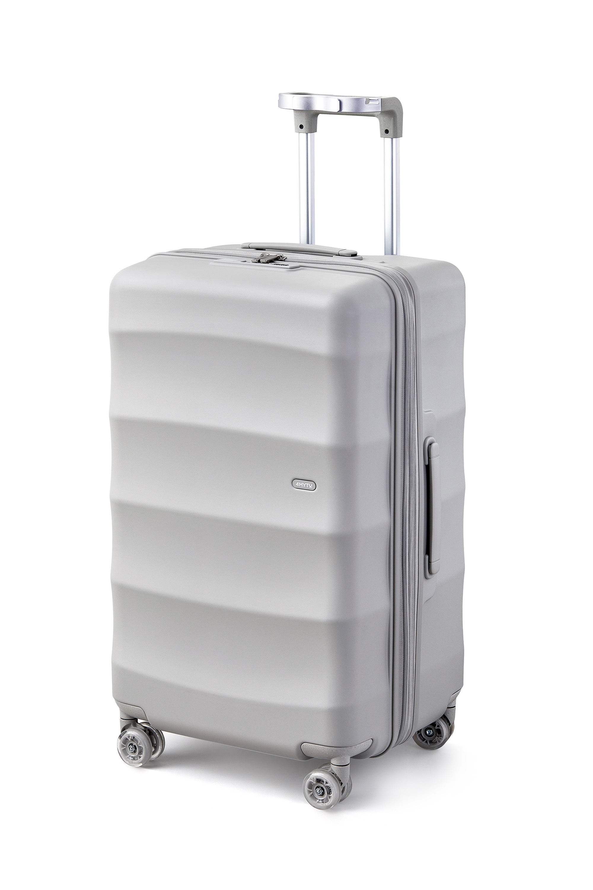 Sleek silver carry-on suitcase from 4MYTU's Bigger Tank collection for stylish travel.