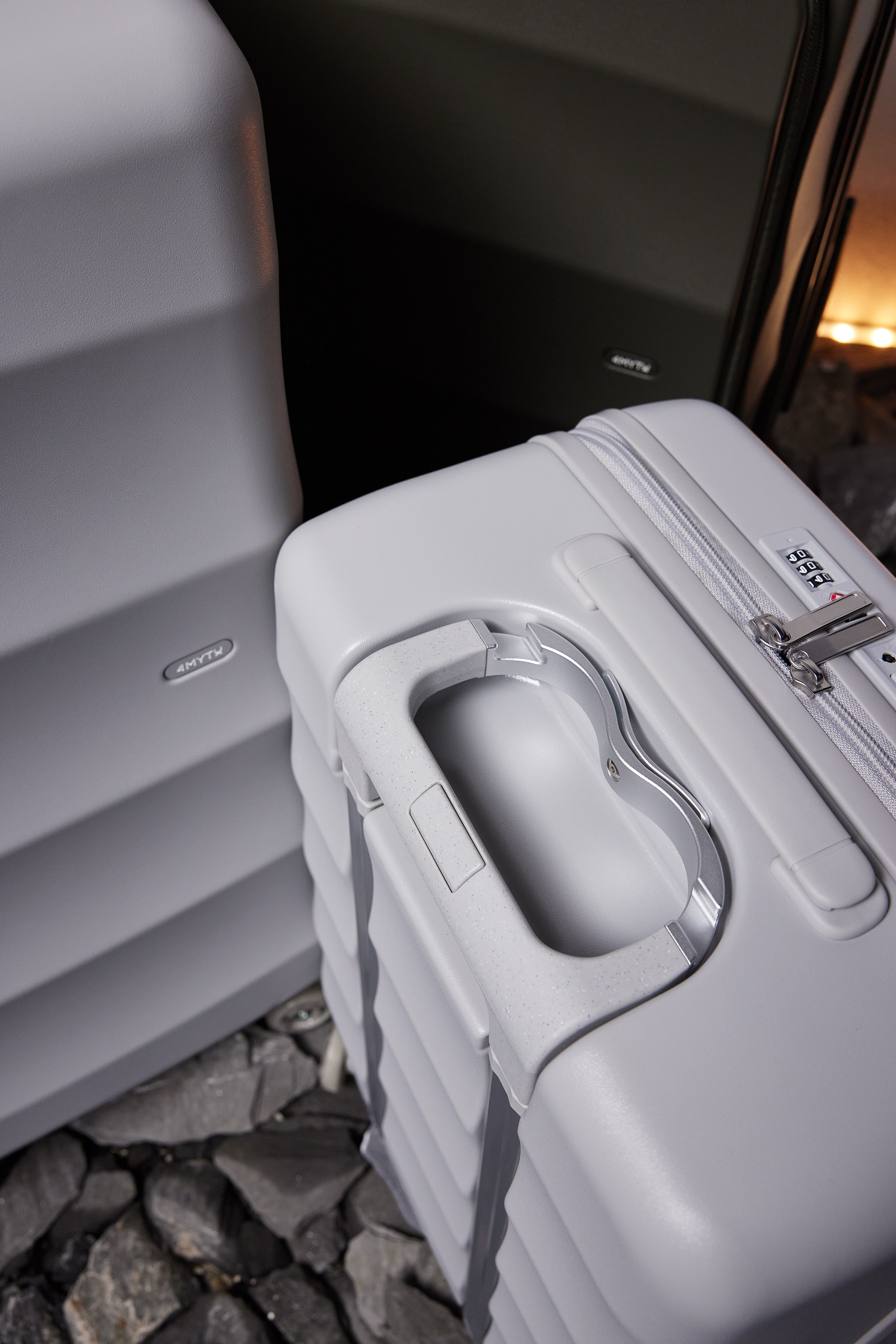 4MYTU Bigger Tank Carry-On luggage in premium silver color with textured handle.