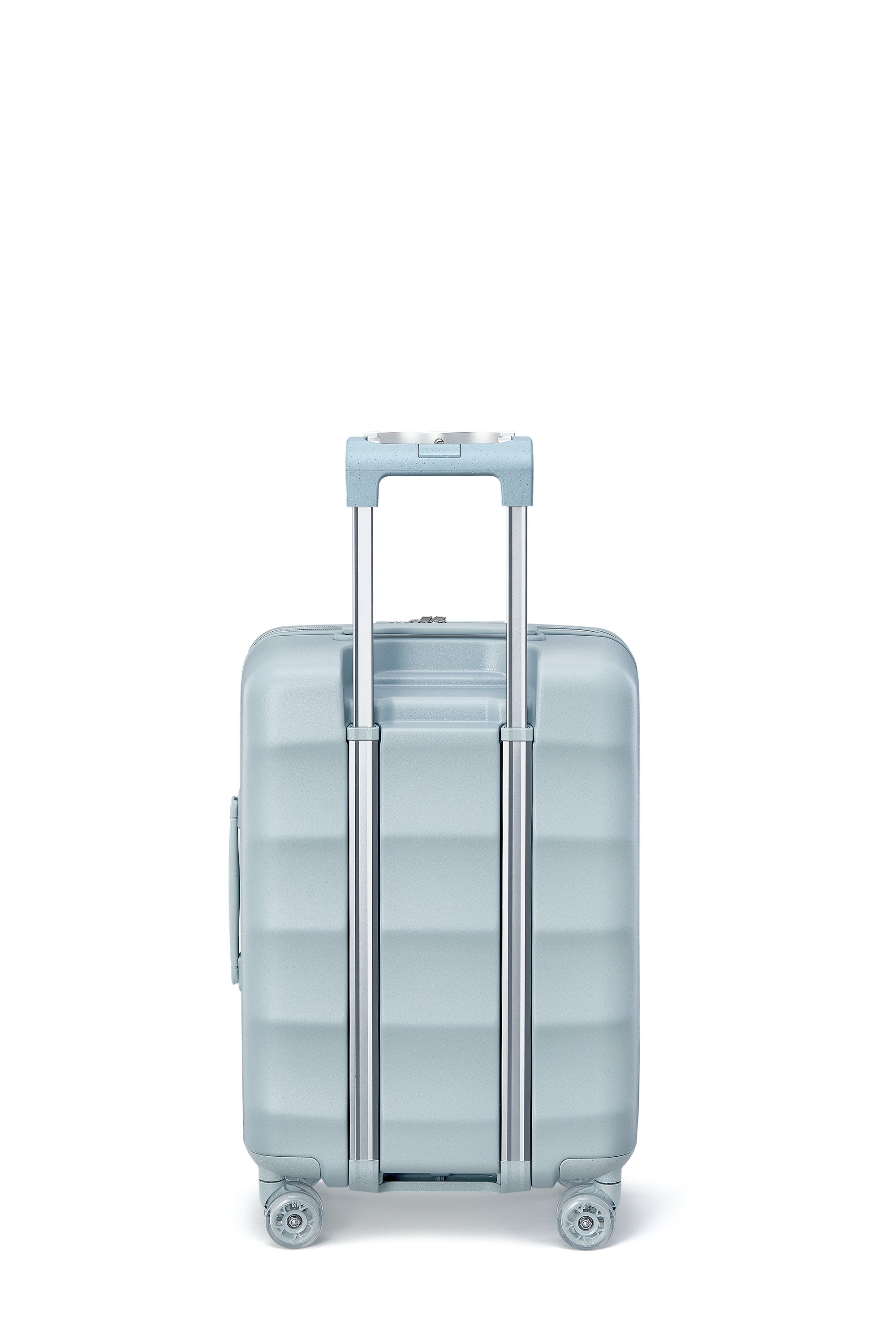 Bigger Tank Carry-On luggage in Delicate Blue with easy-glide 360° wheels.