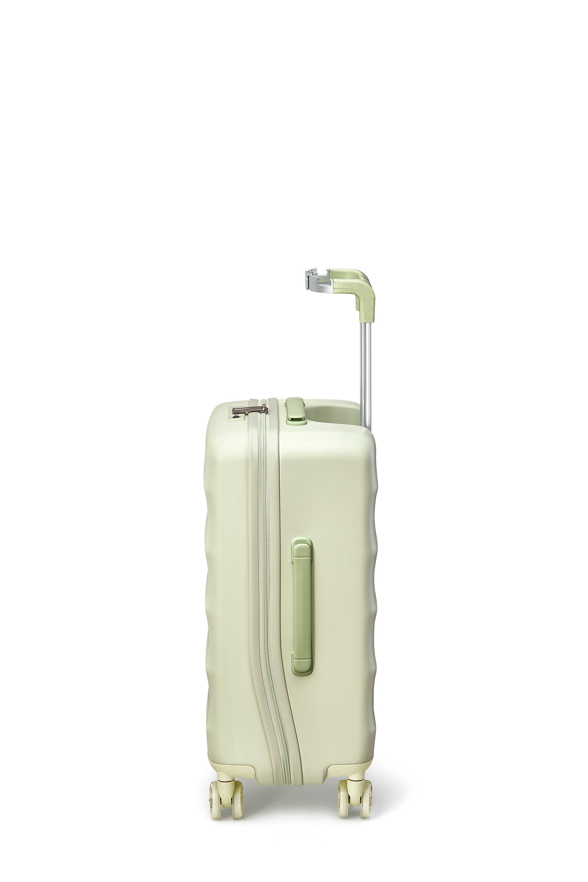 Mint green Bigger Tank Carry-On luggage showcasing smooth wheels and a multi-functional handle.