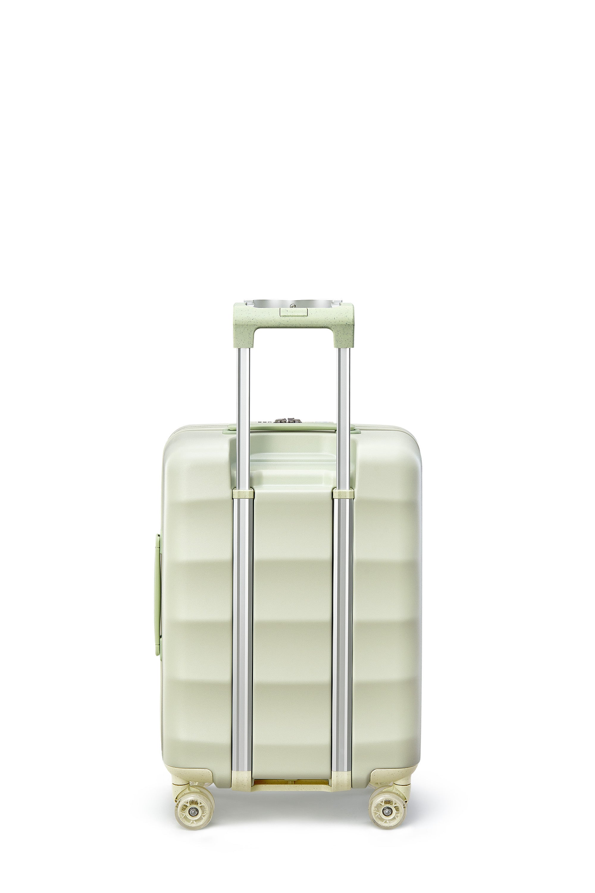 Mint green Bigger Tank Carry-On luggage with smooth wheels and stylish design.